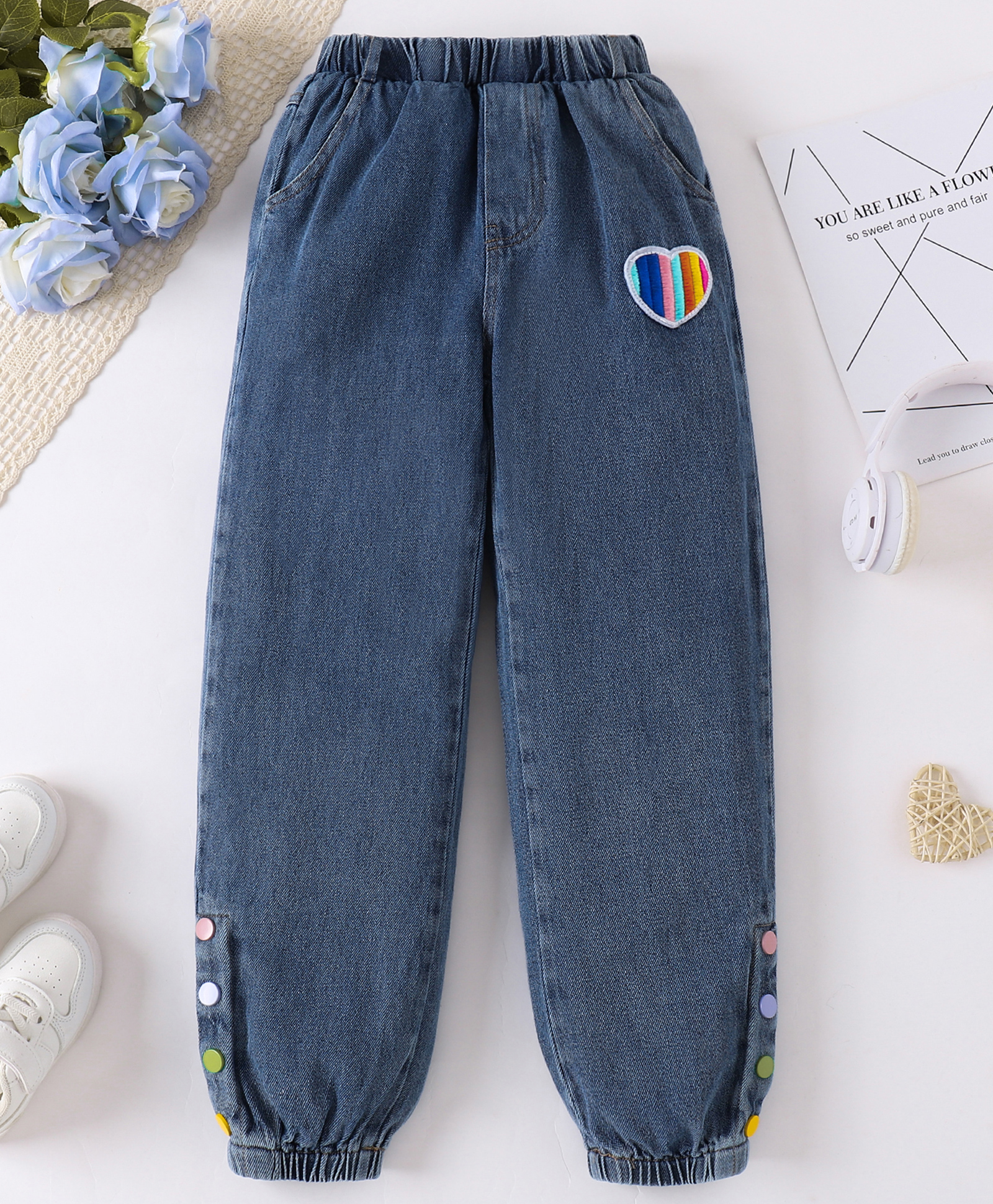 Mark & Mia Full Length Washed Denim Jeans with Heart Embroidery - Blue