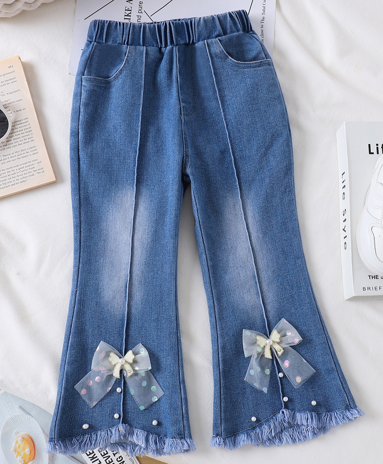 Mark & Mia Cotton Full Length Washed Jeans With Bow Applique - Blue-picture-14