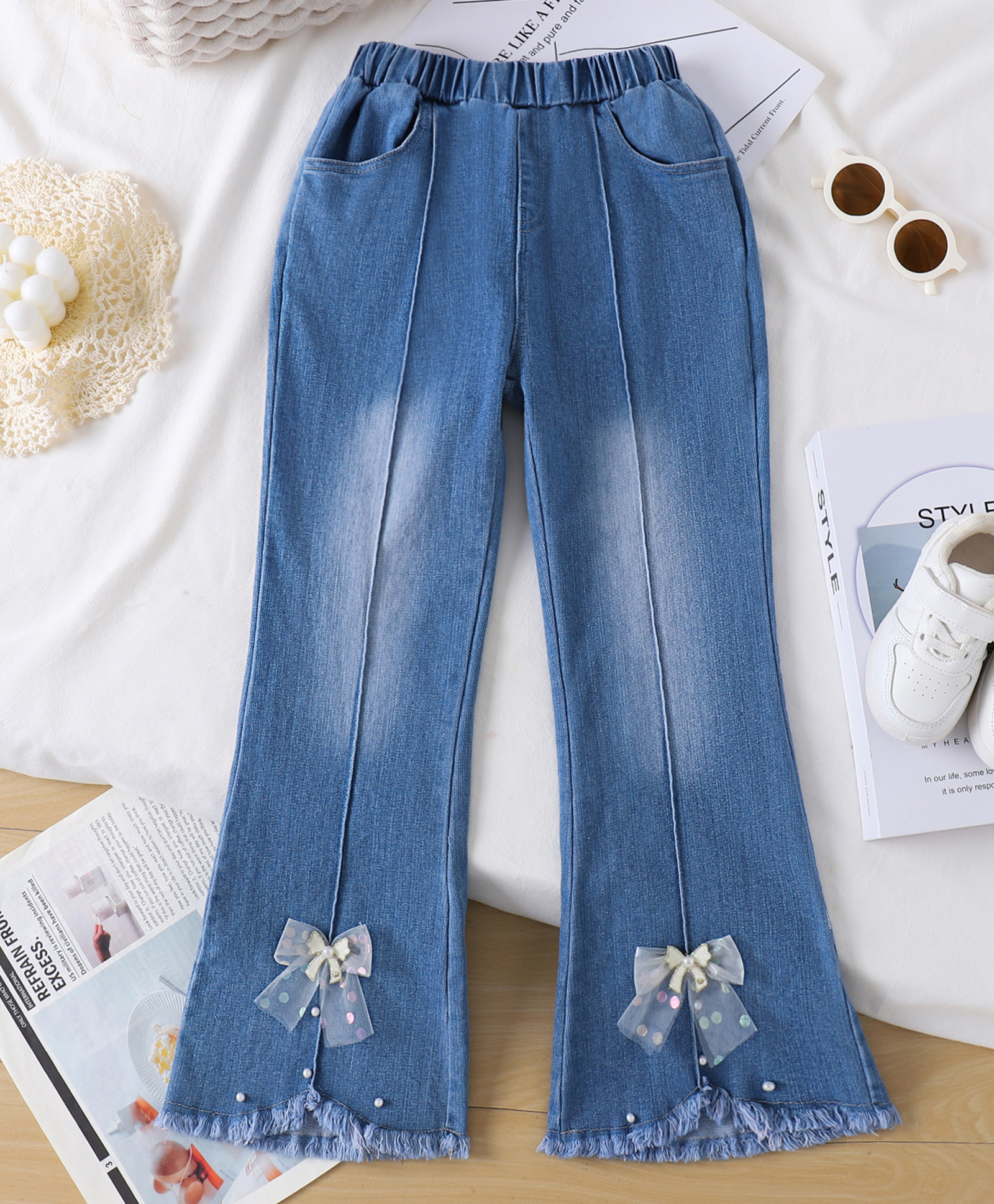 Mark & Mia Cotton Full Length Washed Jeans With Bow Applique - Blue-image-9