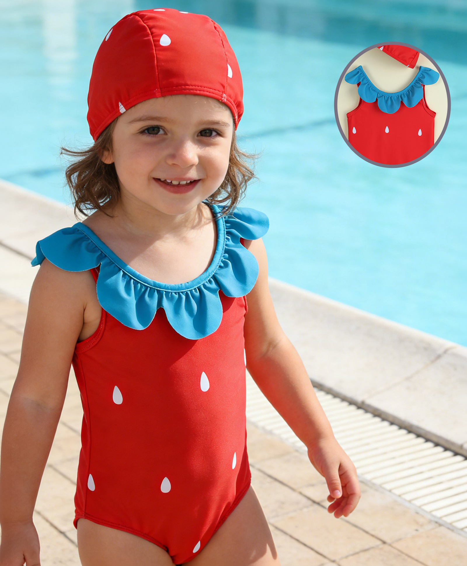 Babyhug Sleeveless V Cut Swimsuit with Cap & Drop Print Petal Detailing- Red-image-42