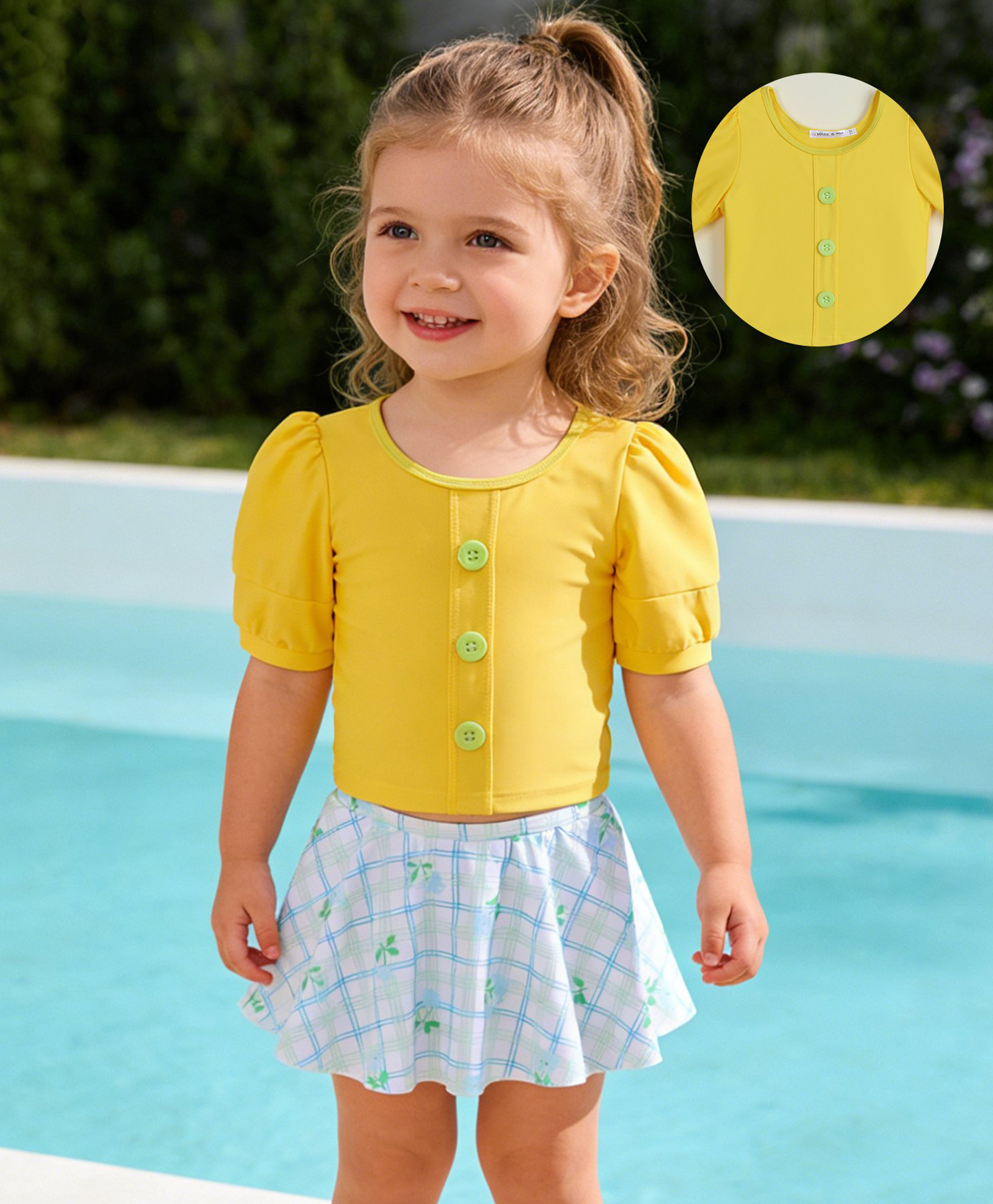 Mark & Mia Half Sleeves Checks & Floral Printed Two Piece Swimsuit - Yellow-image-30