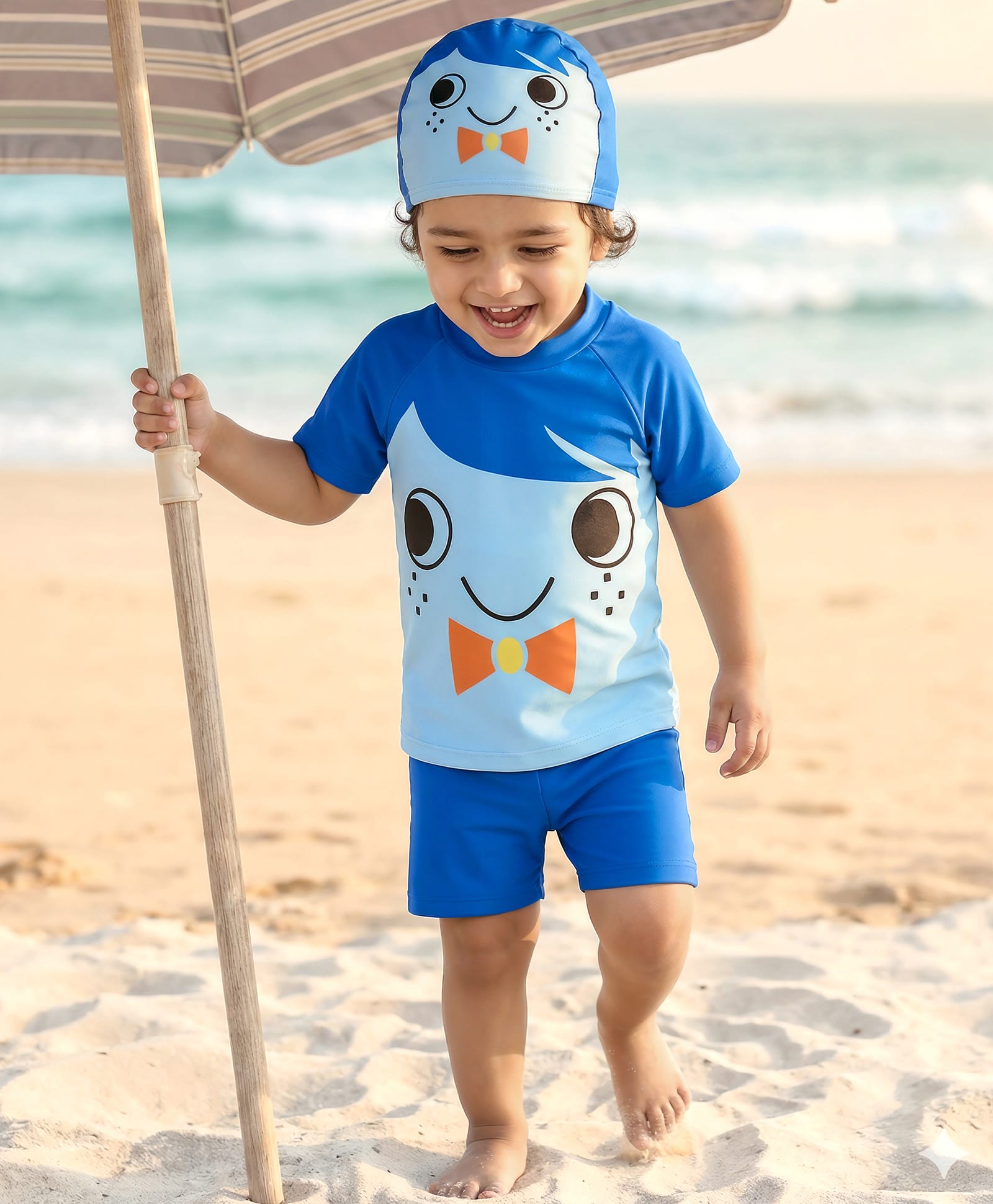 Babyhug Raglan Half Sleeves Printed Two Piece Swimsuit With Cap - Blue-image-28