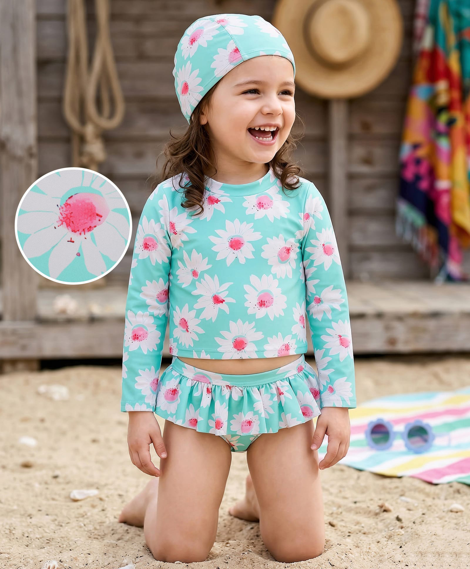 Mark & Mia Full Sleeves Floral Printed Two Piece Swimsuit With Cap - Sea Green-image-47