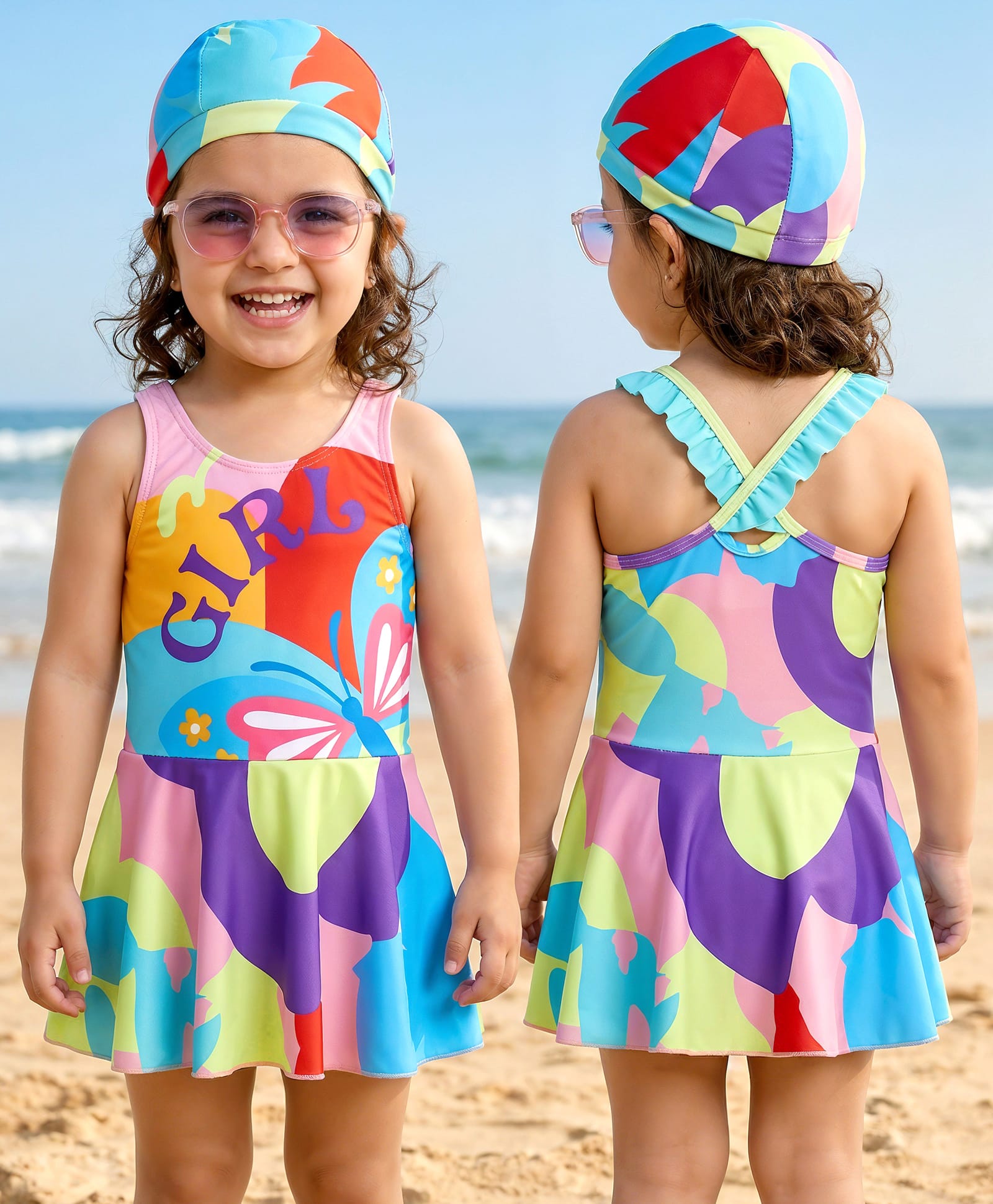 Babyhug Sleeveless Butterfly Printed Frock Swimsuit With Cap - Multicolour-image-24