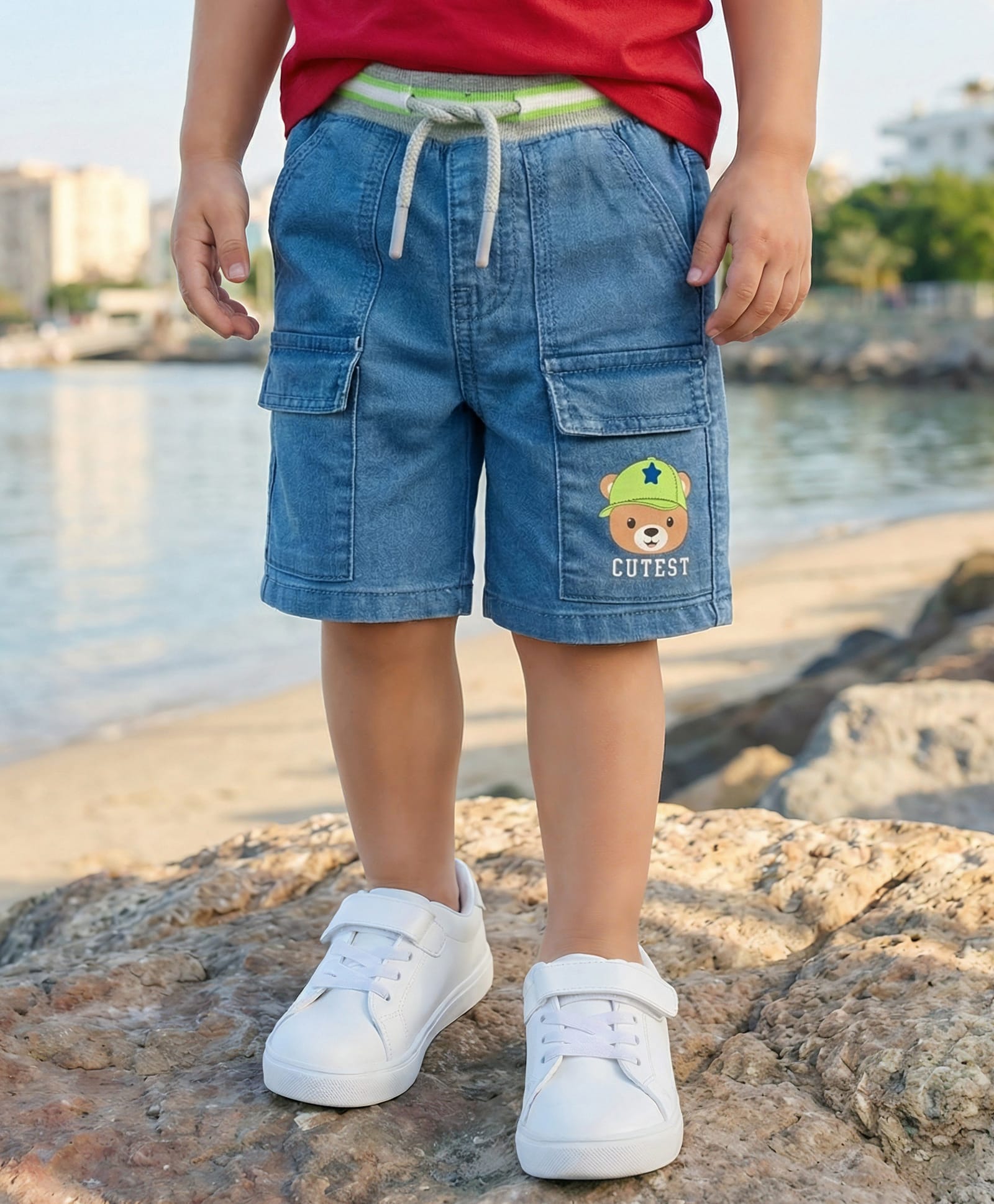 Babyhug Mid Thigh Washed Denim Shorts With Teddy Bear Print & Stretch - Blue