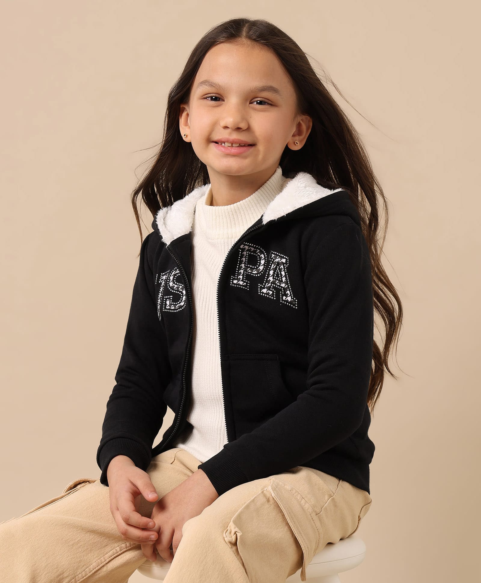 US Polo Assn Knit Full Sleeves Hooded SweatJacket with Brand Name Print - Black-picture-20