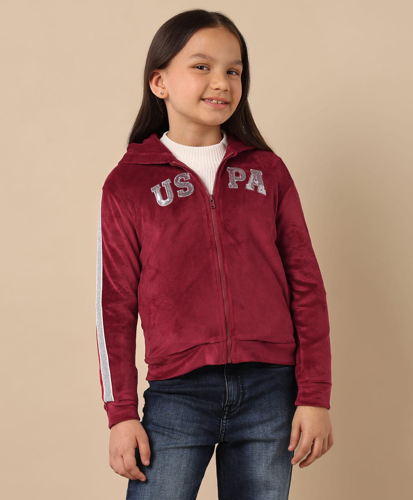 US Polo Assn Cotton Spandex Knit Full Sleeves Hooded SweatJacket with Brand Name Embroidery - Dark Red-image-24