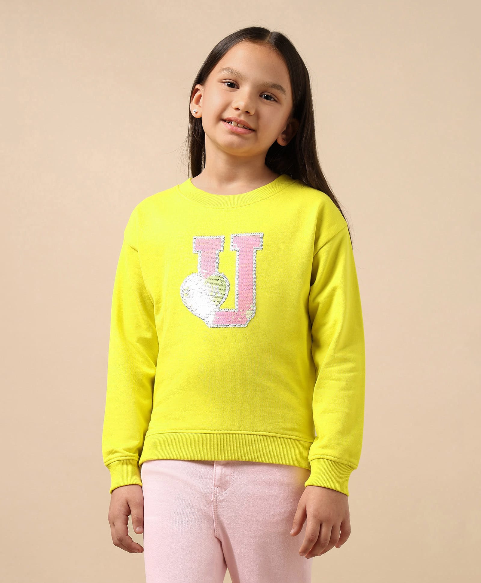 US Polo Assn Cotton Knit Full Sleeves Sweatshirt with Reversible Sequin Detailing - Lime Green-picture-30