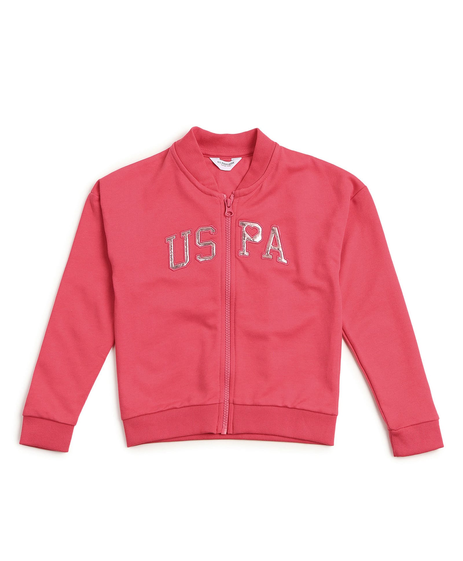 US Polo Assn Cotton Knit Full Sleeves High Neck Solid Colour SweatJacket With Foil Print Detailing - Pink-image-45