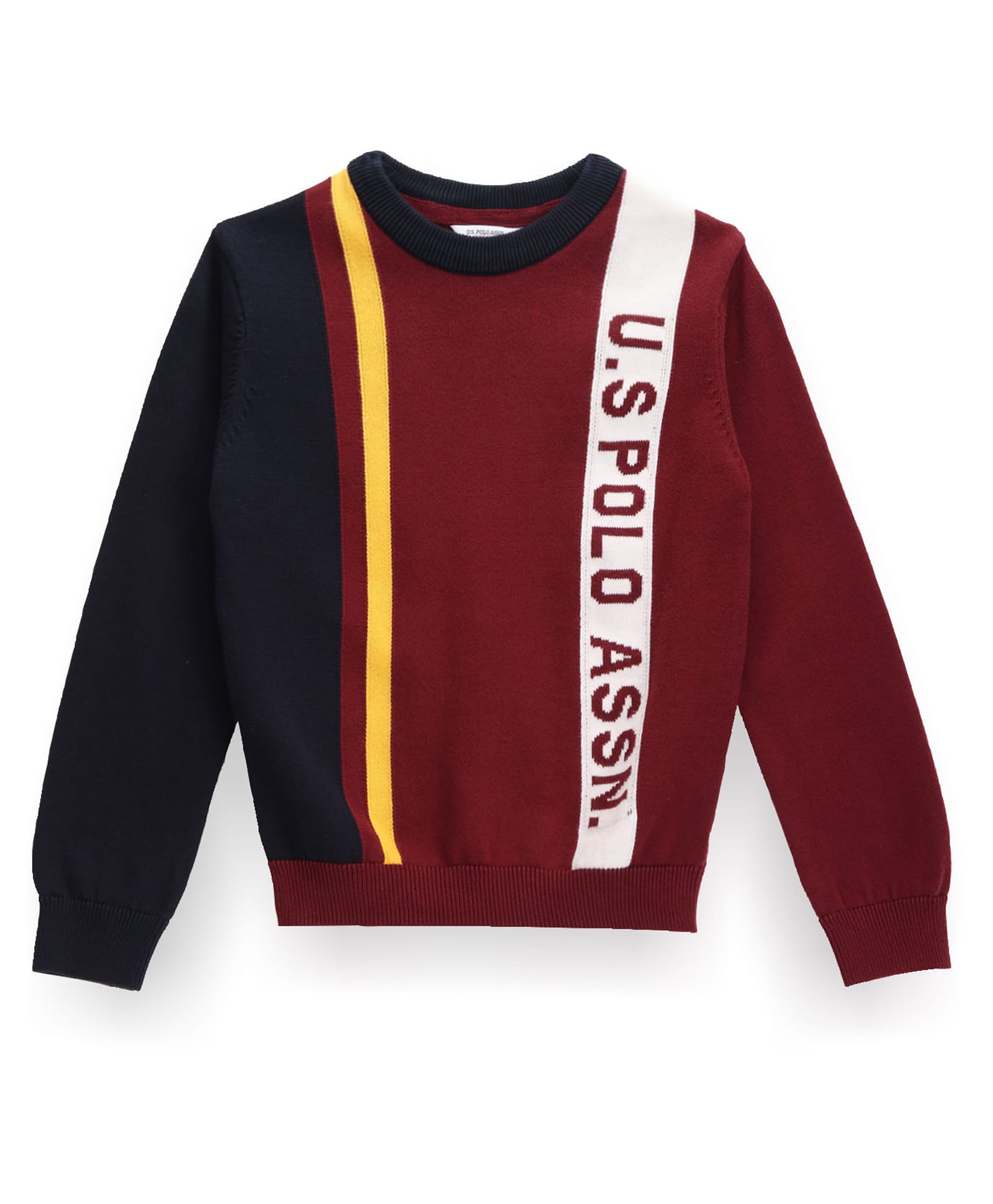 US Polo Assn Cotton Woven Full Sleeves Pullover Sweater With Color Block Design - Dark Red-image-18