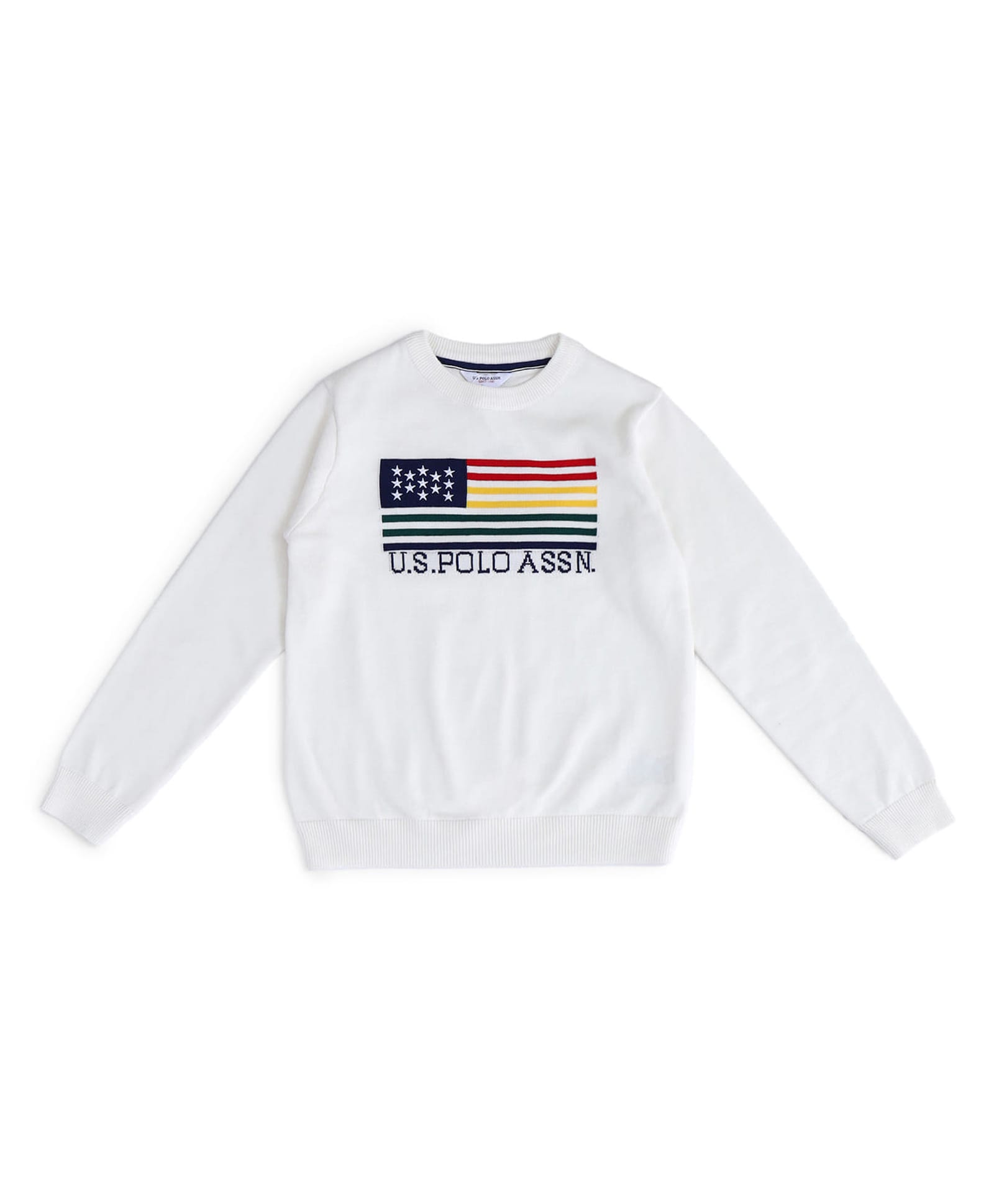 US Polo Assn Cotton Woven Full Sleeves Pullover Sweater With USA Flag Design - White-image-27