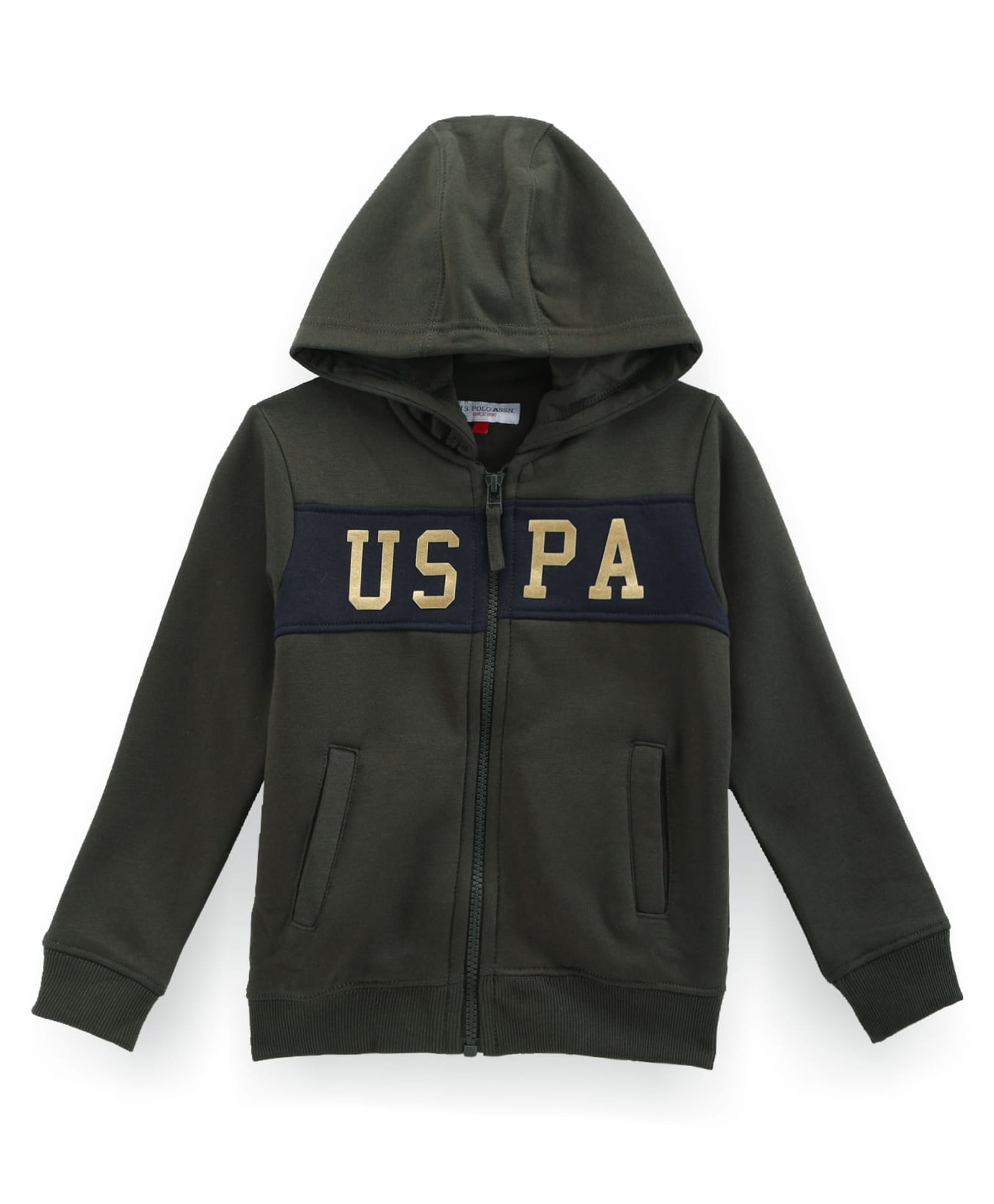 US Polo Assn Knit Full Sleeves Hooded SweatJacket with Brand Name Print & Kangaroo Pocket - Dark Green-picture-19
