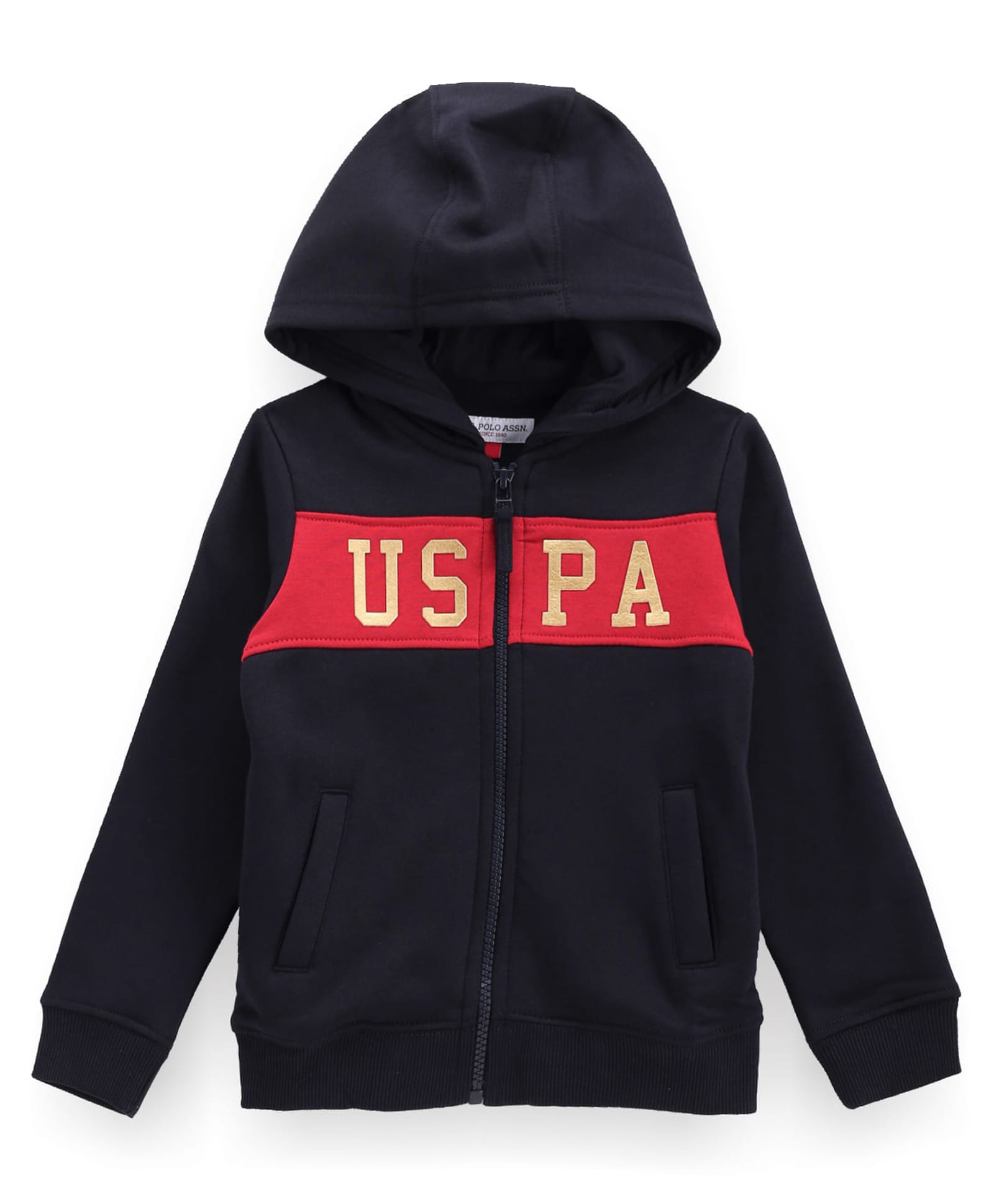 US Polo Assn Cotton Knit Full Sleeves Cut & Sew Hooded SweatJacket with Brand Name Graphic & Kangaroo Pocket - Navy Blue-image-48
