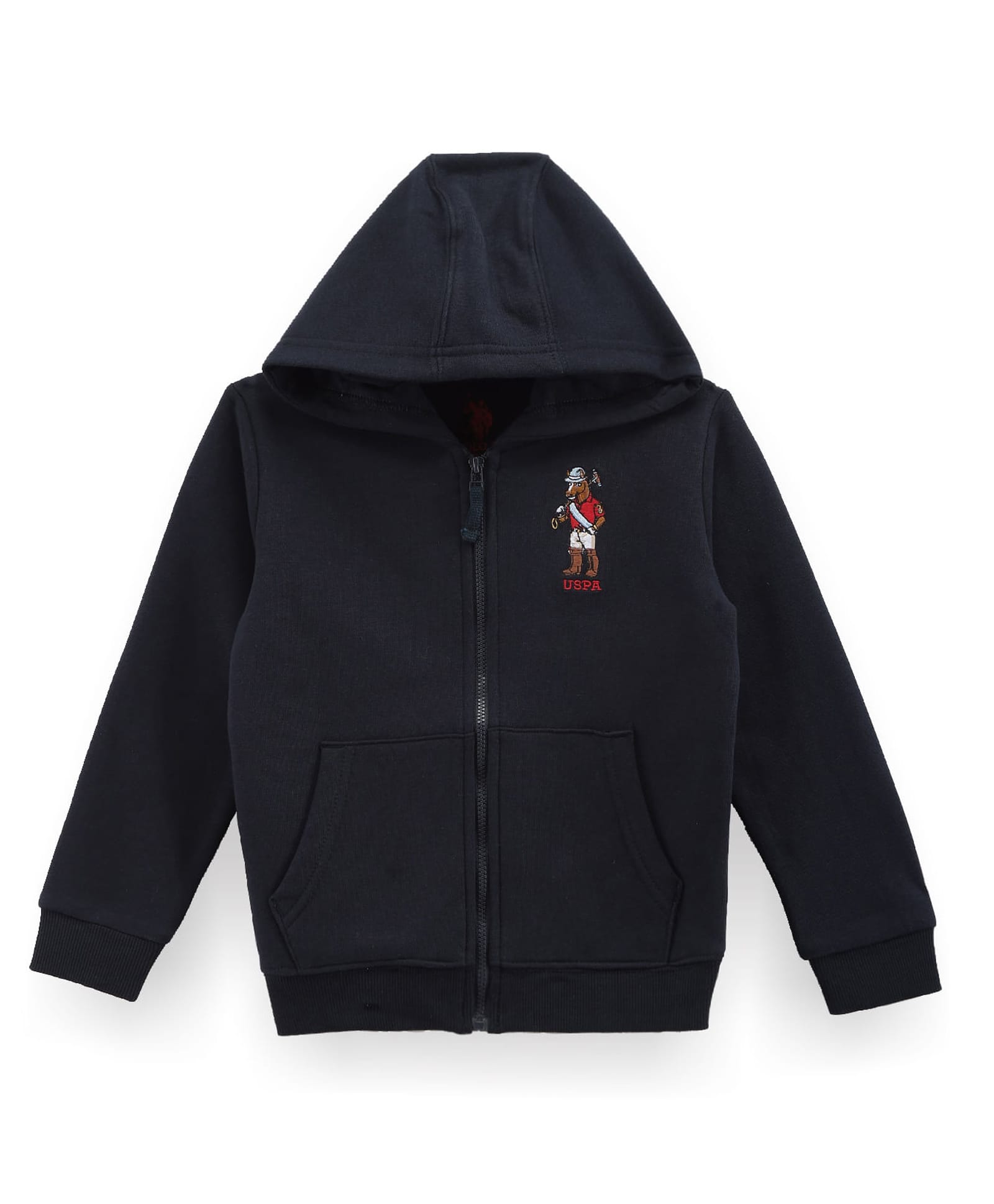 US Polo Assn Knit Full Sleeves Hooded SweatJacket with Brand Logo Embroidery & Kangaroo Pockets - Navy Blue-image-17
