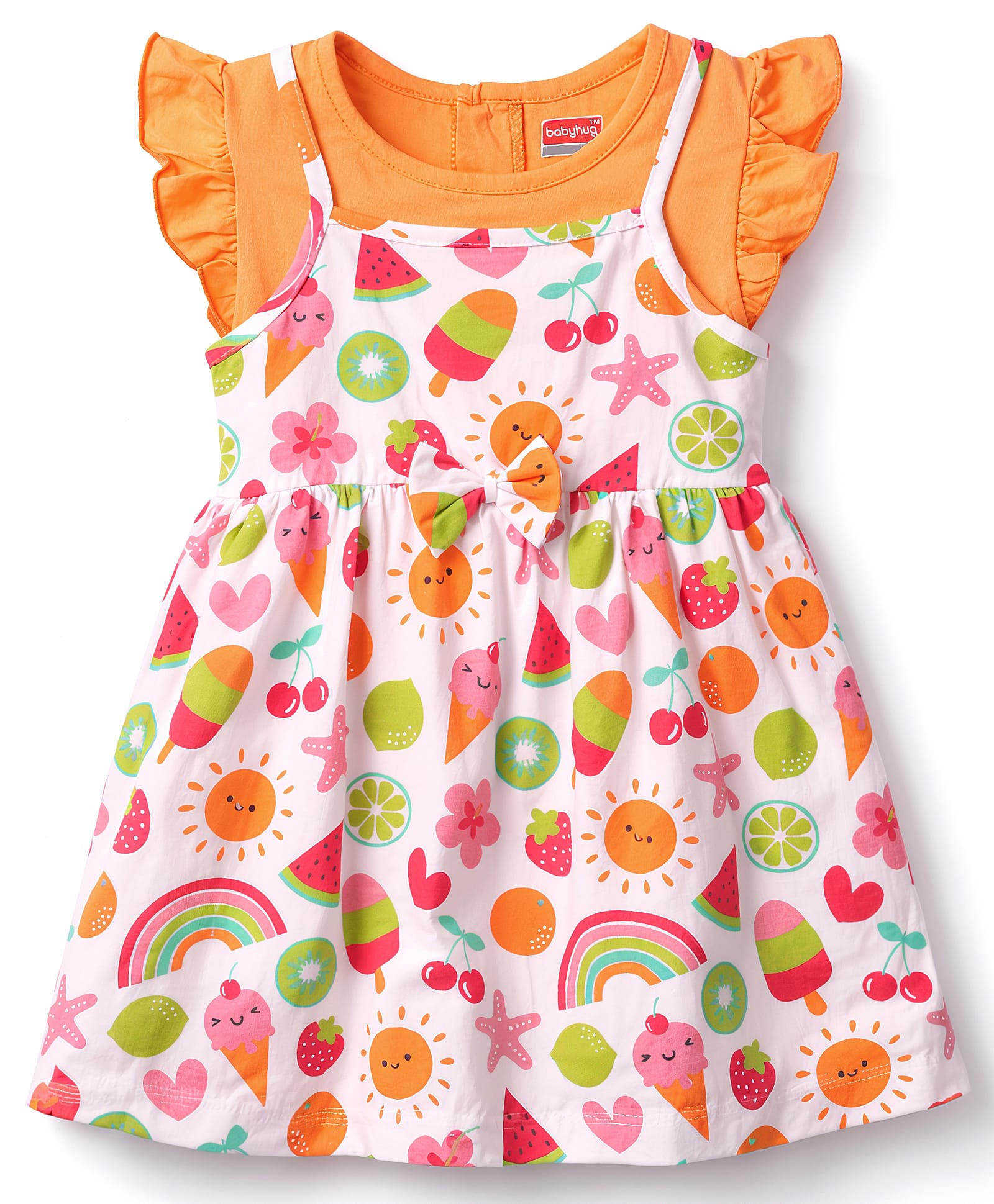 Babyhug Cotton Knit Frill Sleeves Tropical Theme Printed Frock with Inner Tee & Bow Applique - Multicolor-picture-17