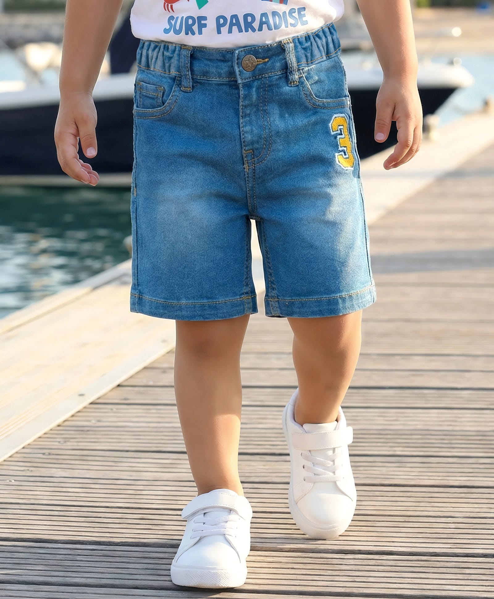 Babyhug Mid Thigh Washed Denim Shorts With Number Embroidery & Stretch - Light Blue-image-21