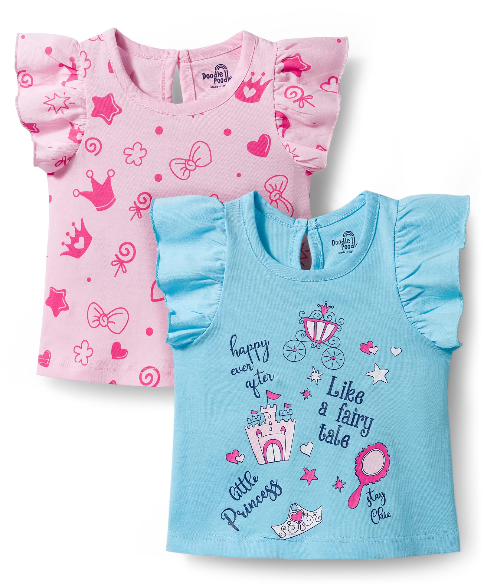 Doodle Poodle 100% Cotton Knit Sleeveless Frill Sleeves Hearts Floral & Bow Printed Tops Pack Of 2 - Light Blue & Pink-image-25