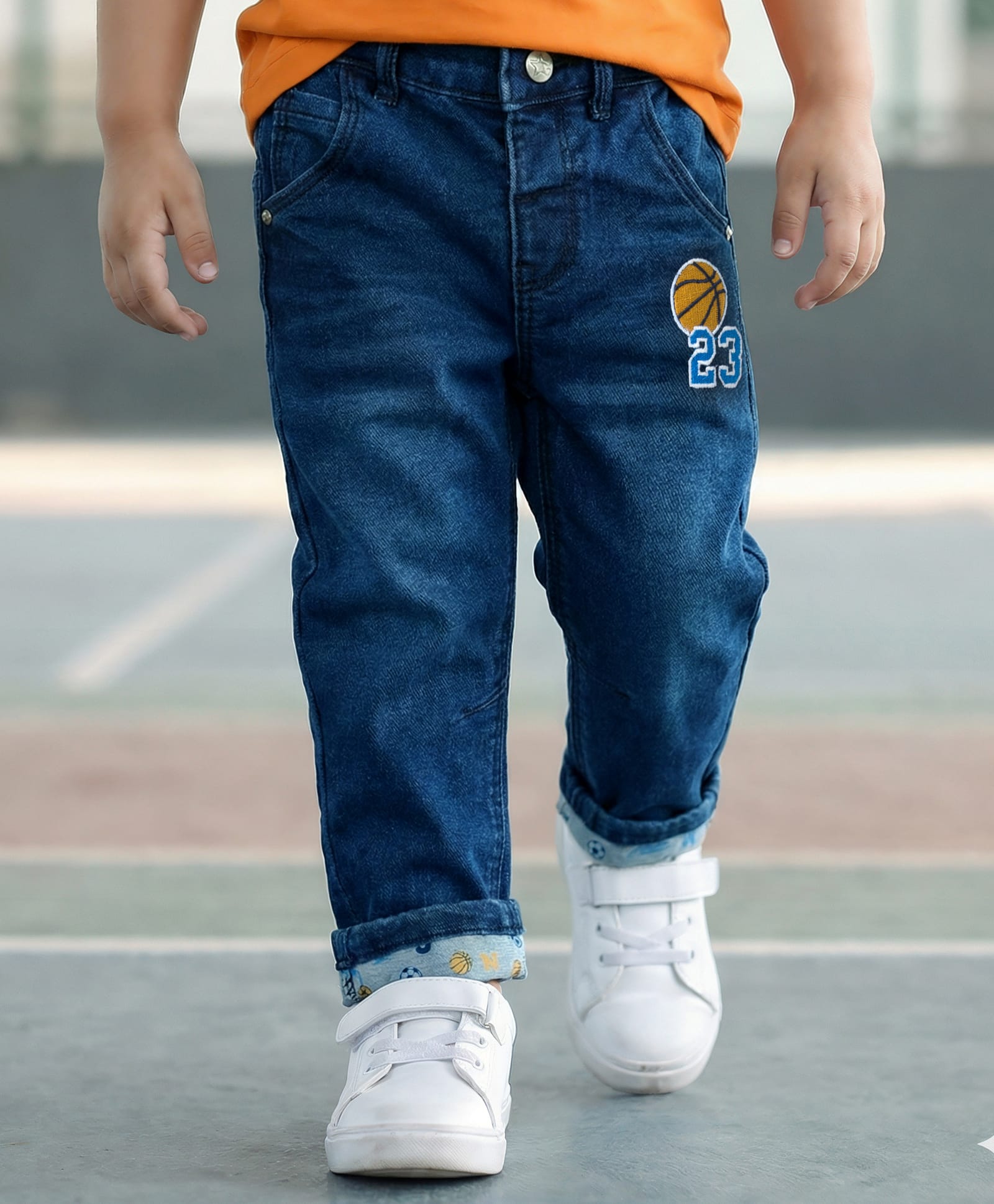 Babyhug Full Length Washed Denim Jeans With Basketball Patch & Stretch - Navy Blue-picture-25