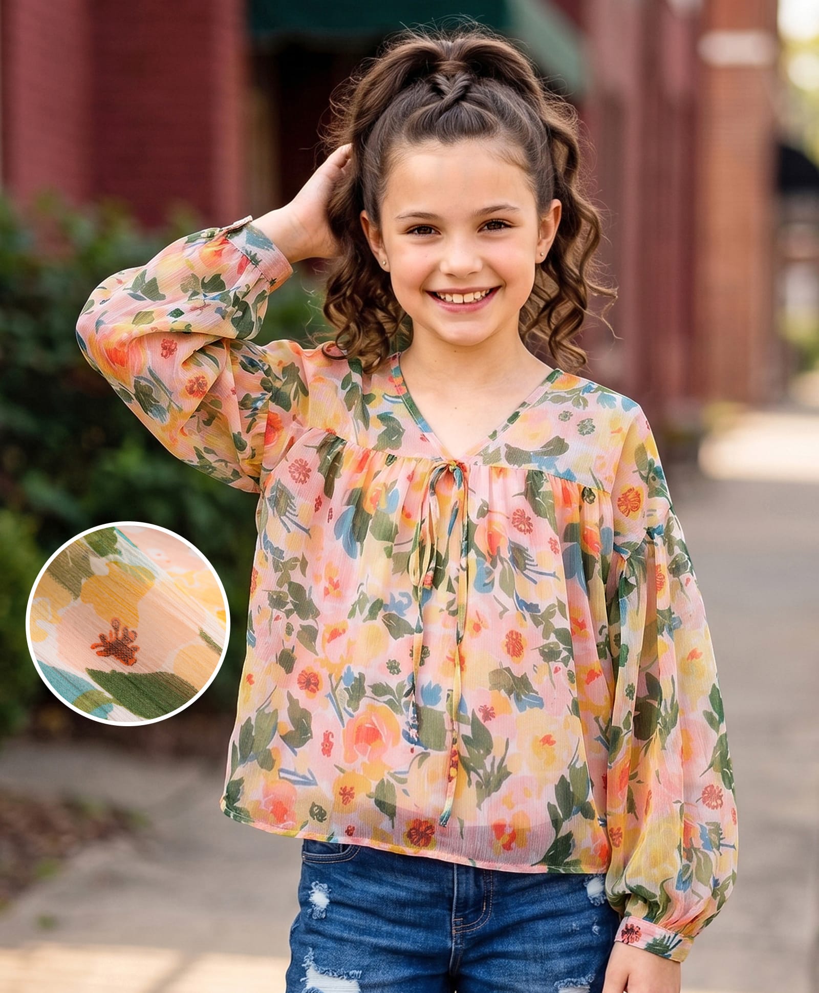 Kookie Kids Woven Full Sleeves Floral Printed Top With Inner Tee - Multicolour-image-4