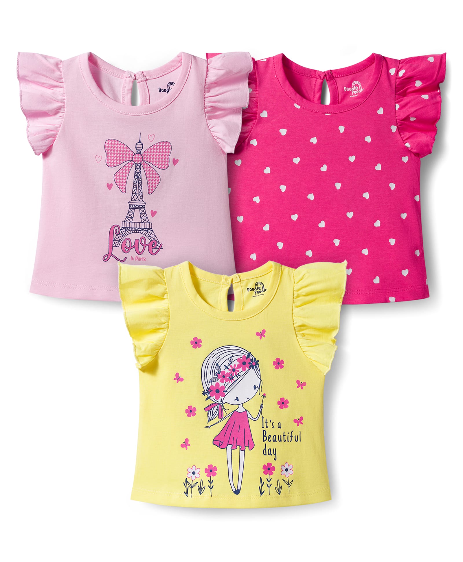 Doodle Poodle 100% Cotton Knit Sleeveless Frill Sleeves Hearts Floral & Text Printed Tops Pack Of 3 - Light Pink Yellow & Fuchsia-picture-17