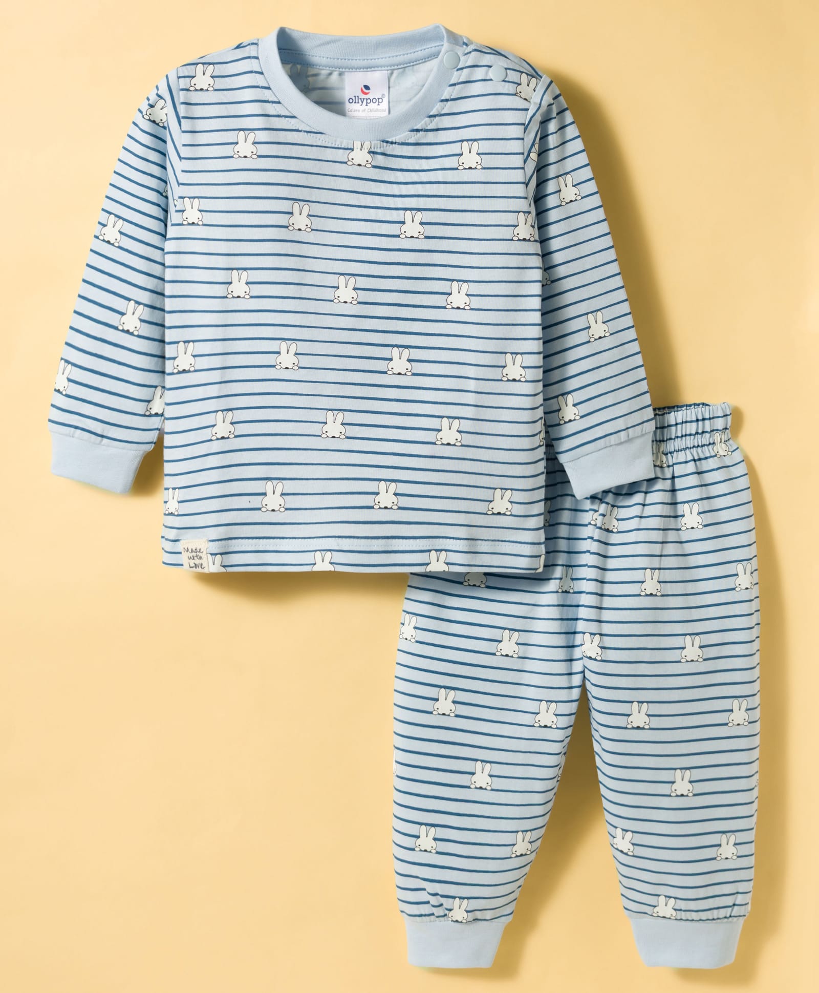 Ollypop Sinker Knit Full Sleeves Co-ords Striped T-Shirt & Lounge Pant Set with Bunny Print - Light Blue-picture-5
