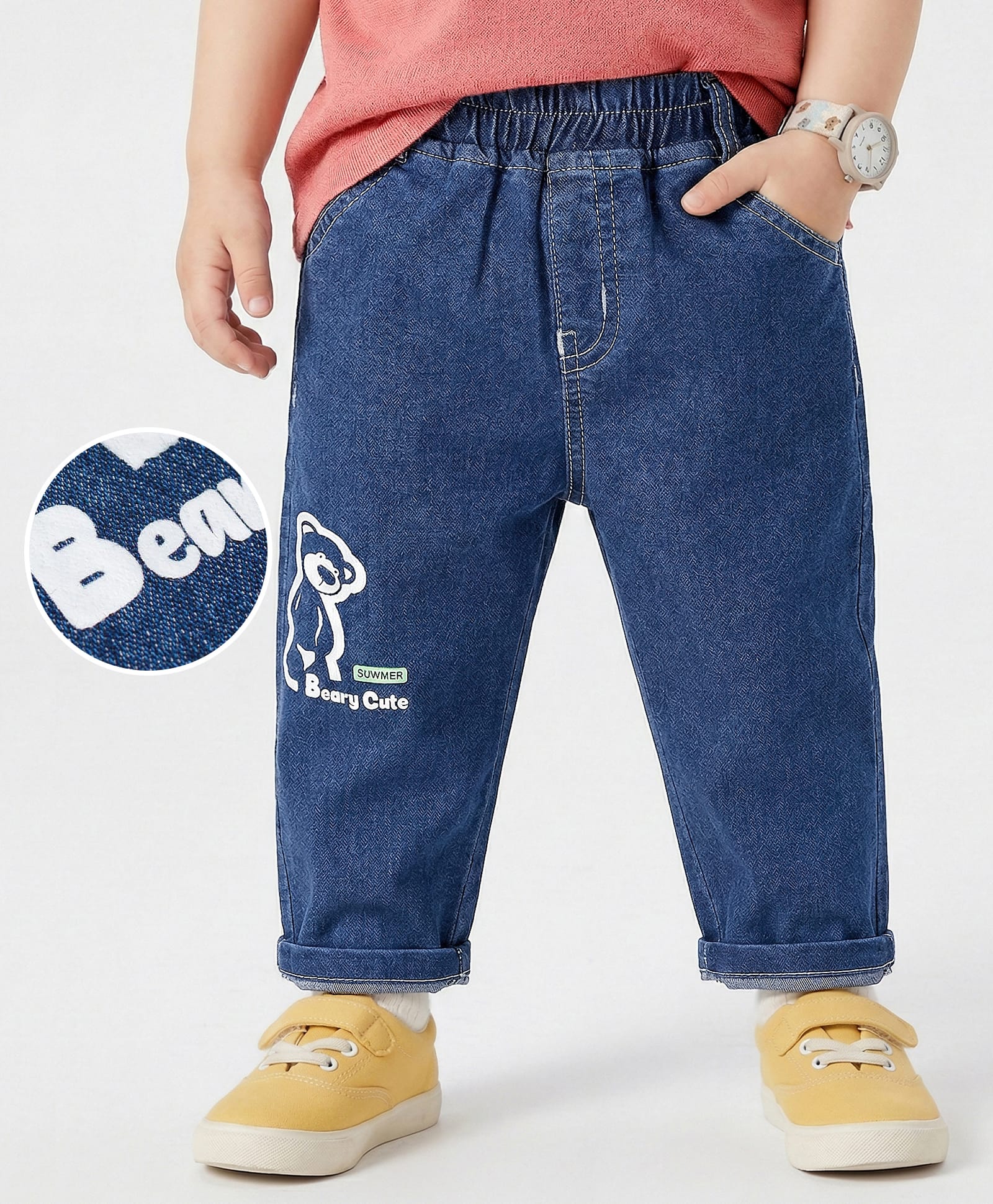 Mark & Mia Cotton Lycra Full Length Denim Jeans With Teddy Bear Graphics & Cord Detailing - Blue-picture-21