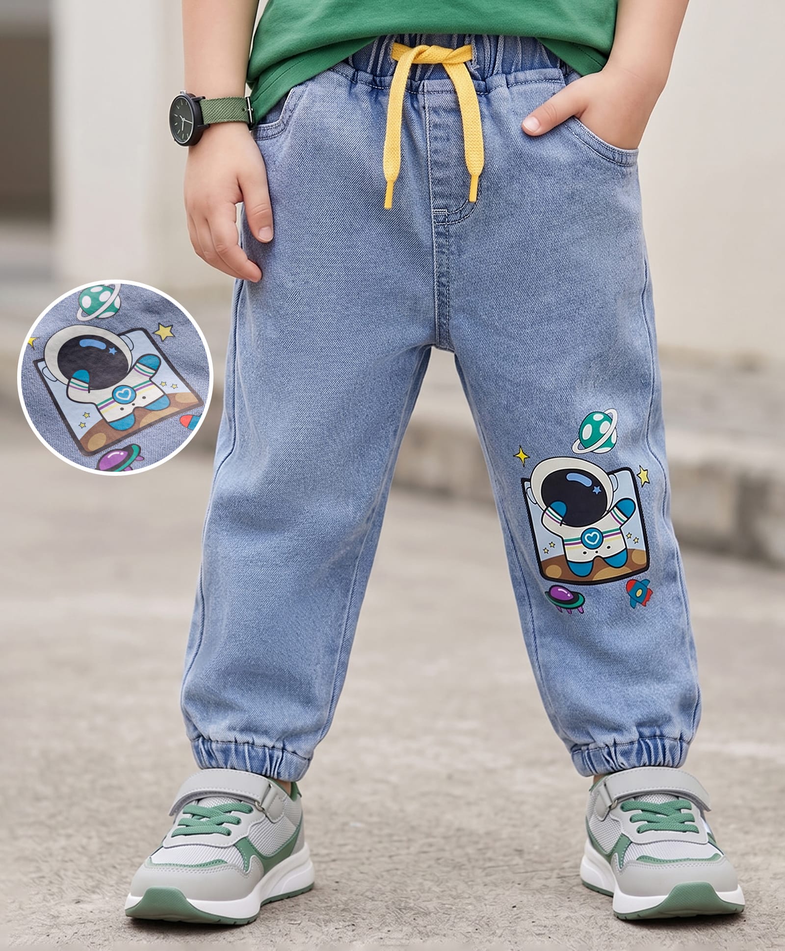 Mark & Mia Full Length Denim Jeans With Astronaut Print & Cord Detailing - Blue-picture-12