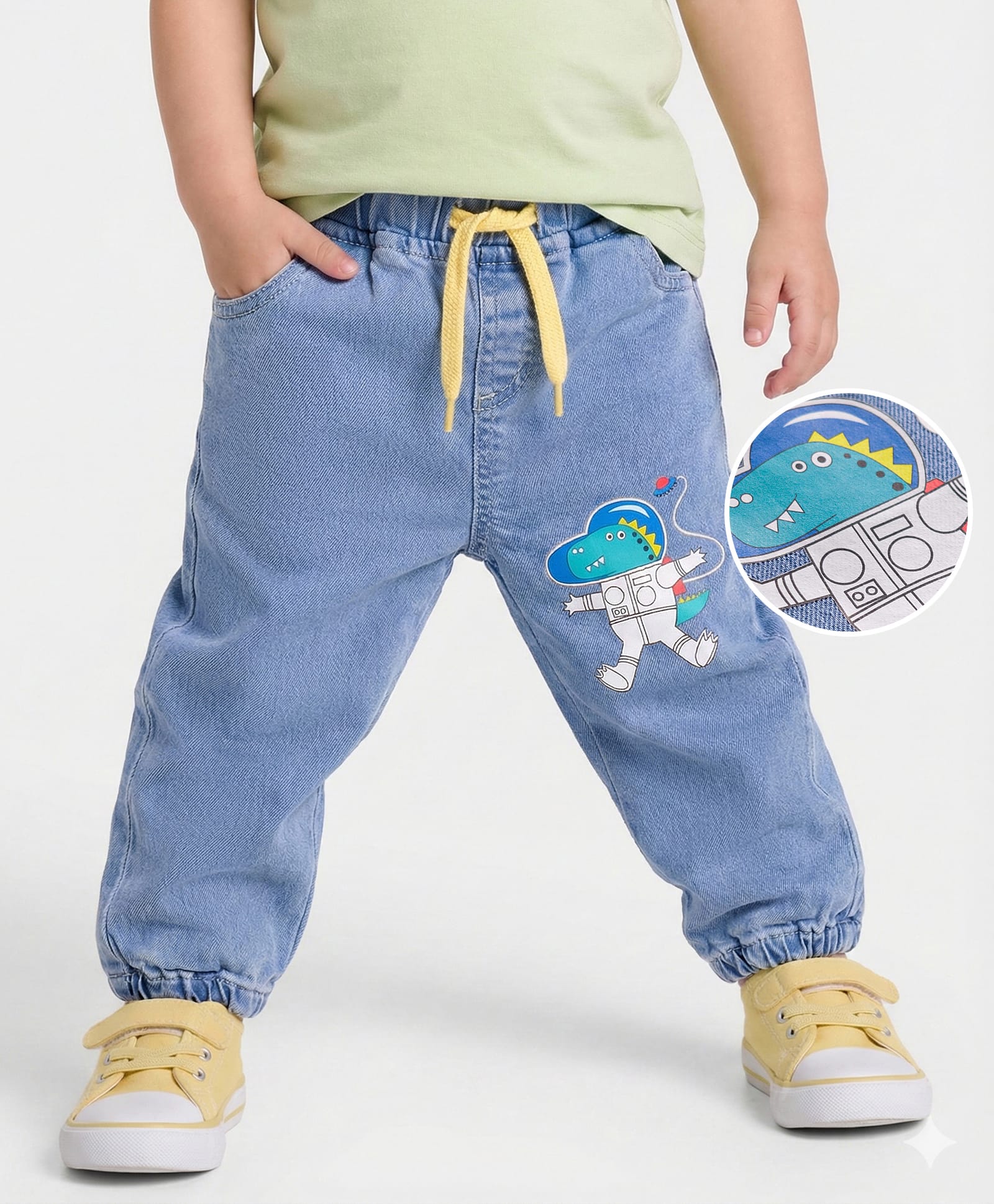 Mark & Mia Cotton Lycra Denim Full length Jeans With Dino Print & Cord Detailing - Blue-picture-35