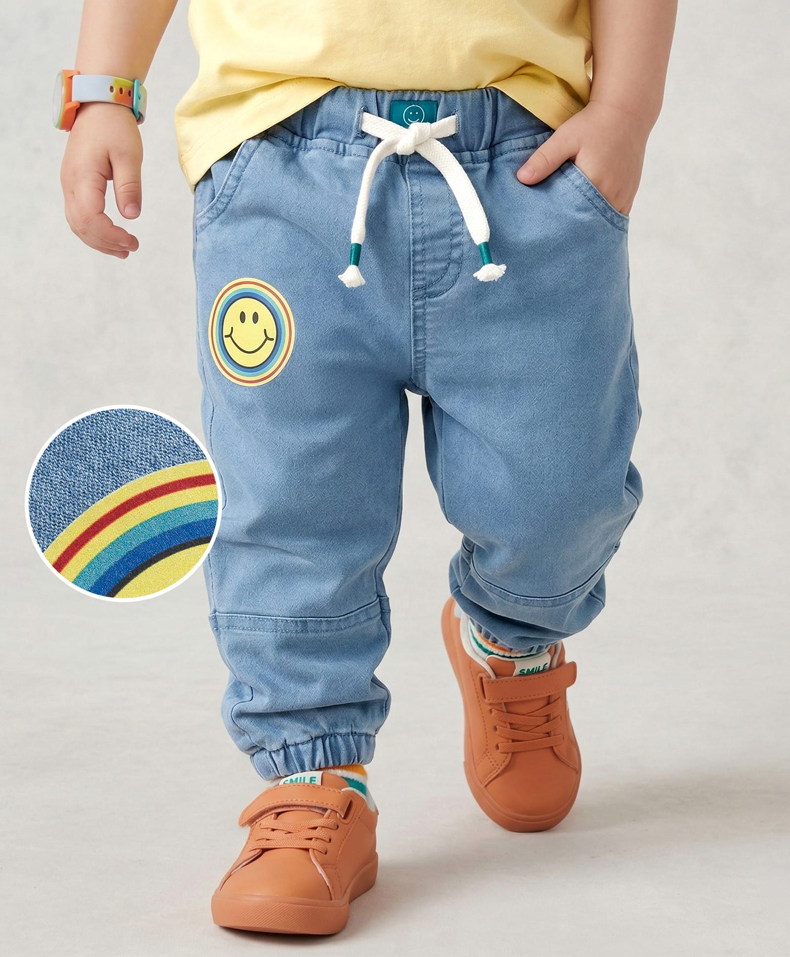 Mark & Mia Cotton Lycra Full Length Cut & Sew Denim Jeans with Smiley Graphic - Blue-picture-25