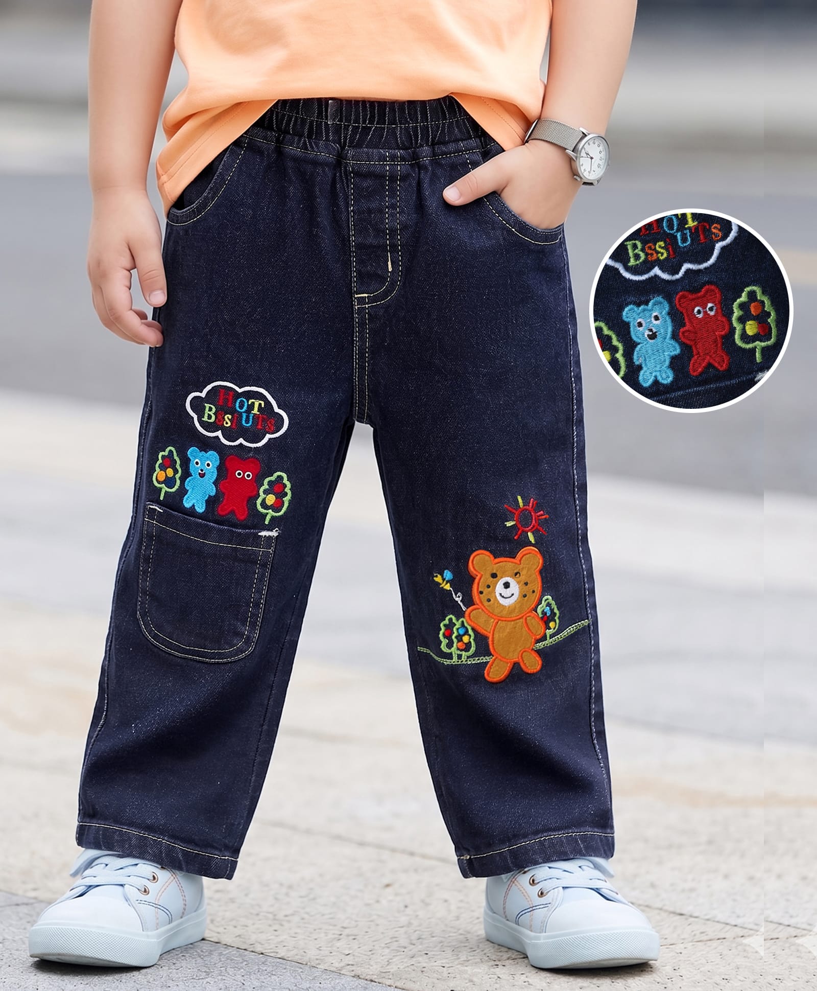 Mark & Mia Cotton Lycra Full Length Denim Jeans With Bear Embroidery - Navy Blue-picture-11