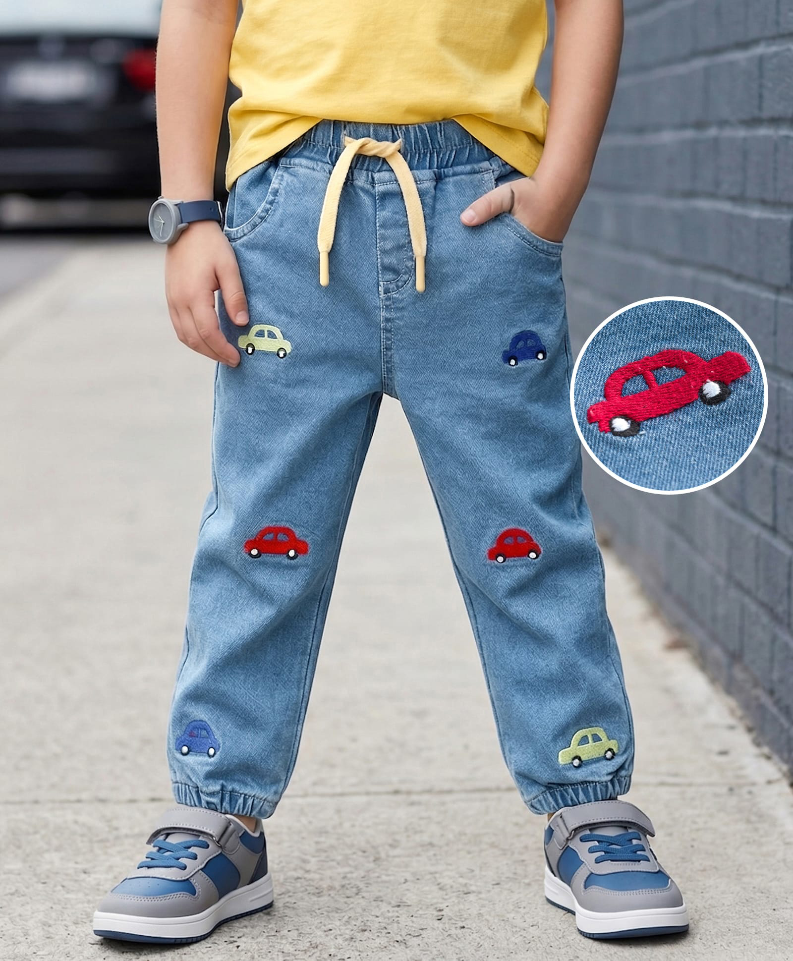 Mark & Mia Cotton Lycra Full Length Denim Jeans With Vehicles Embroidery & Cord Detailing - Light Blue-picture-15