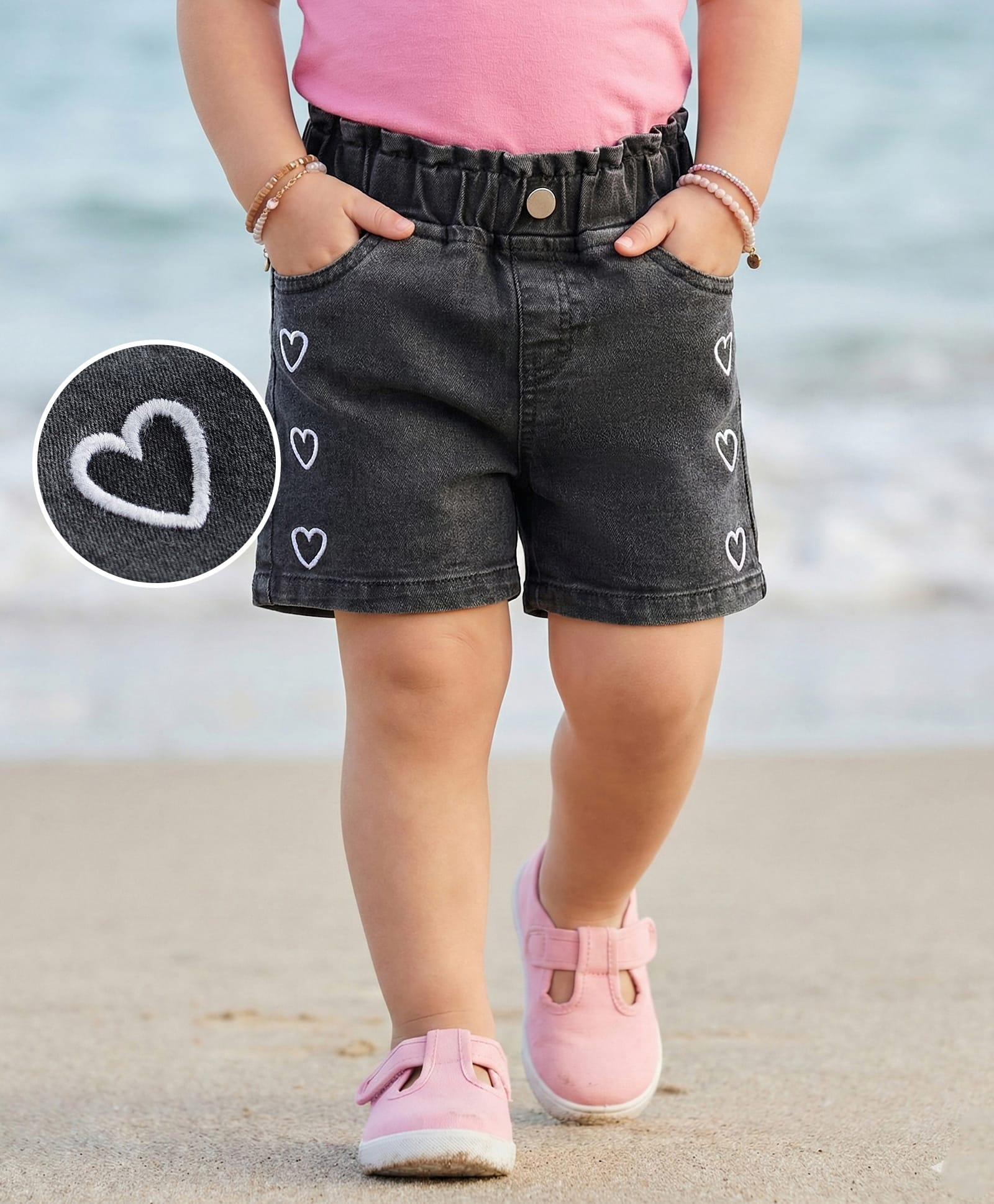 Mark & Mia Cotton Lycra Denim Shorts With Heart Embroidery - Black-picture-11