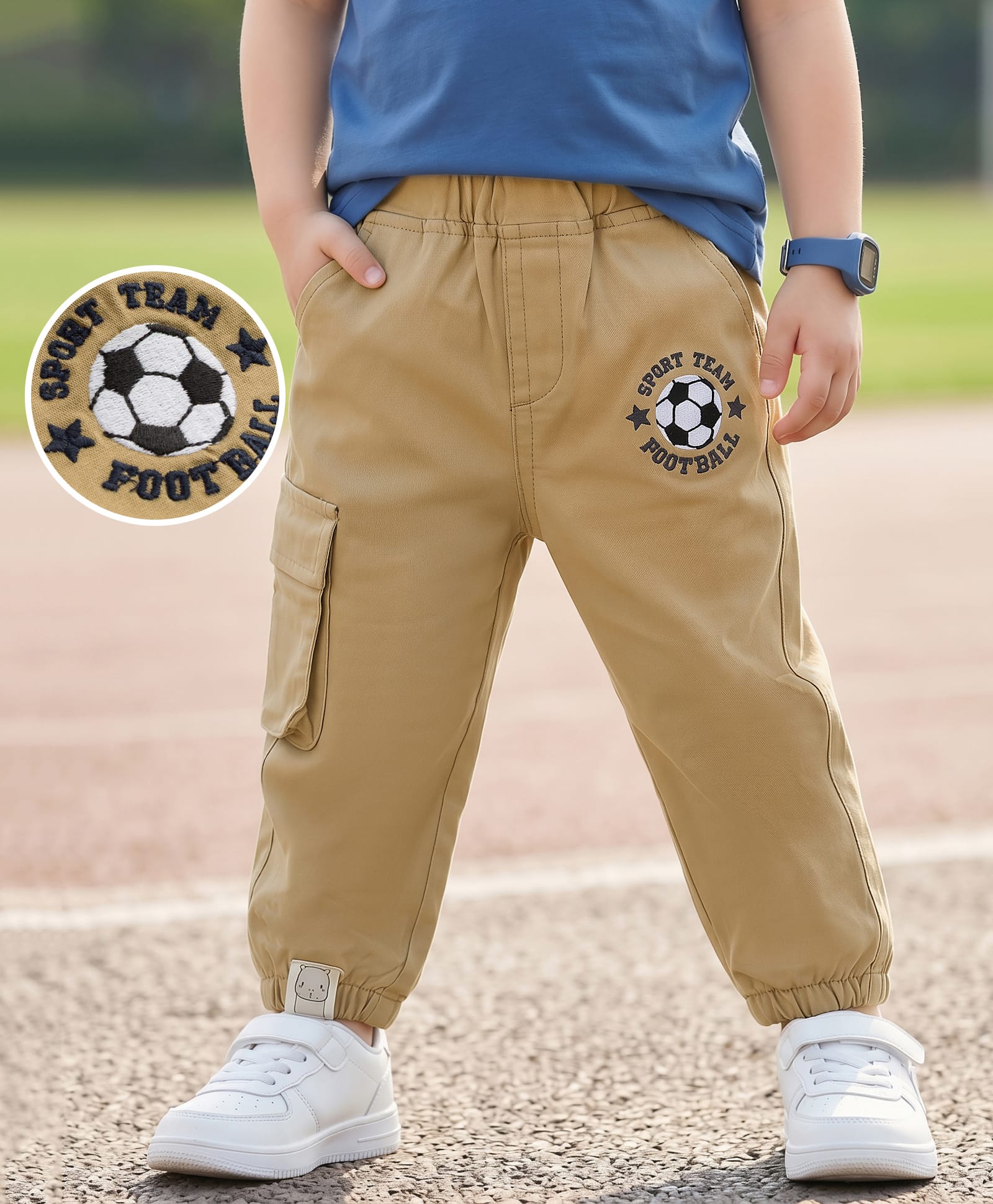 Mark & Mia Cotton Lycra Woven Full Length Pant With Pockets & Football Embroidery - Beige-picture-13