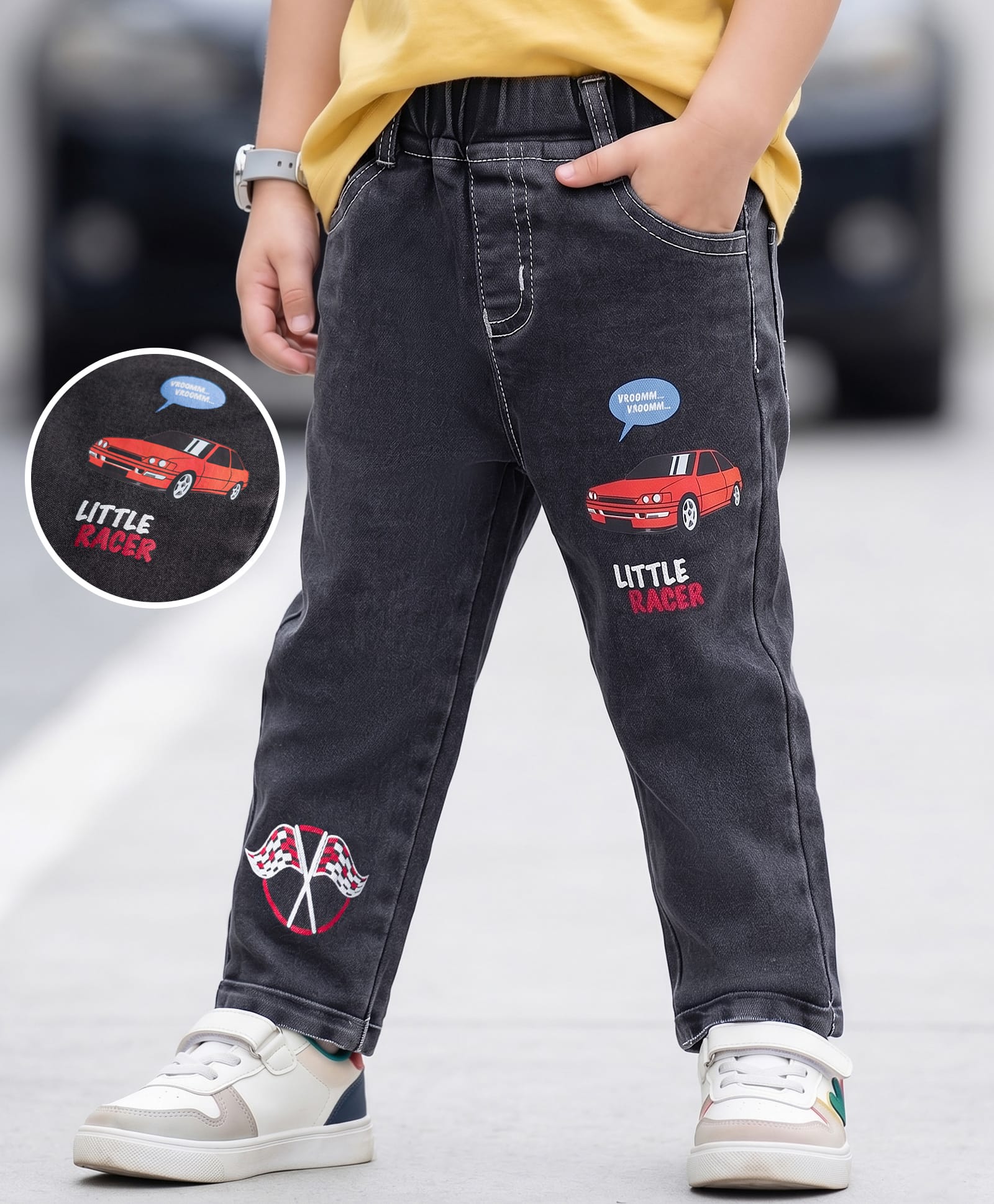 Mark & Mia Cotton Lycra Denim Full Length Jeans With Car Print - Black-picture-22