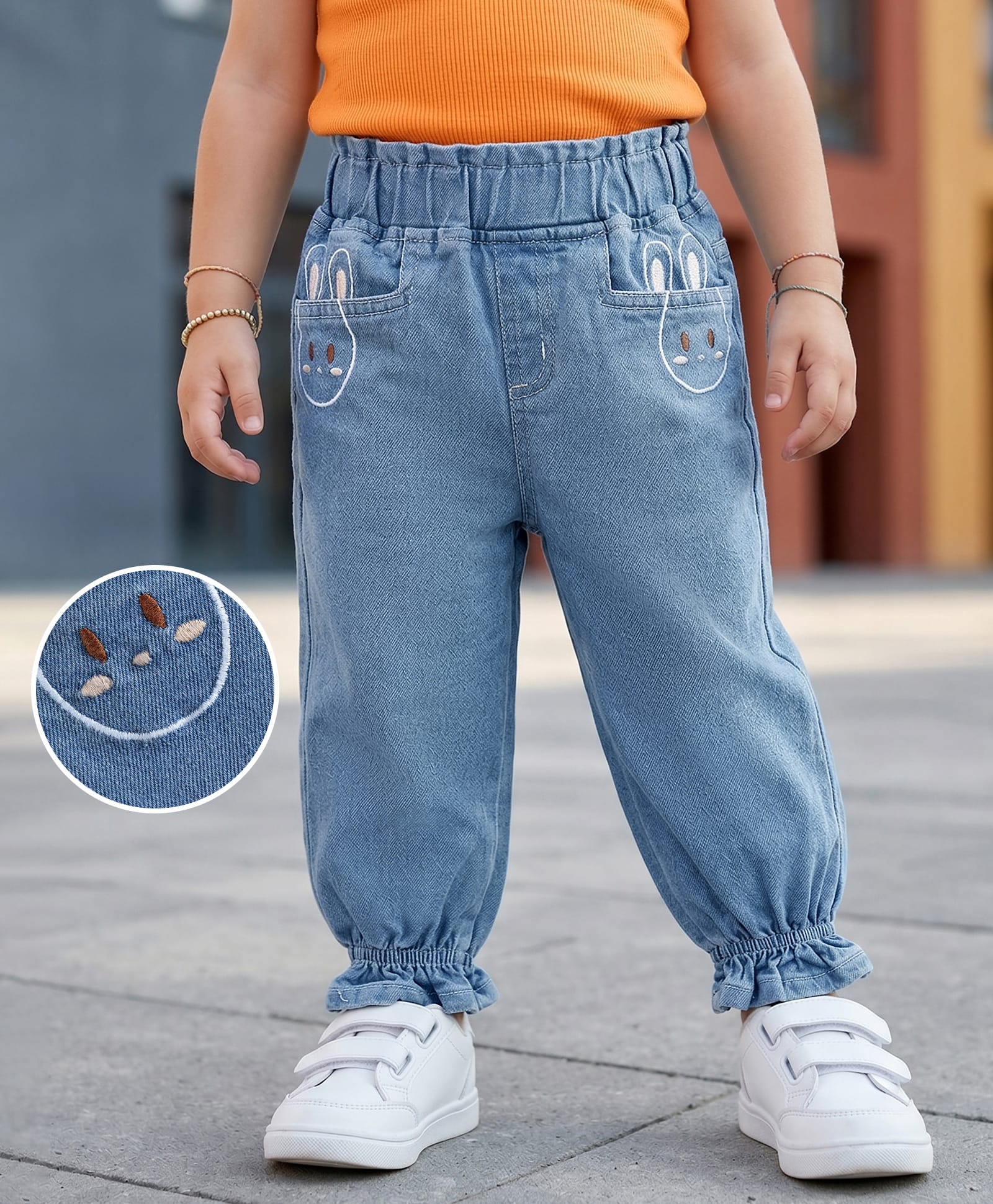 Mark & Mia Cotton Lycra Full Length Denim Jeans with Bunny Embroidery Detailing - Blue-picture-29
