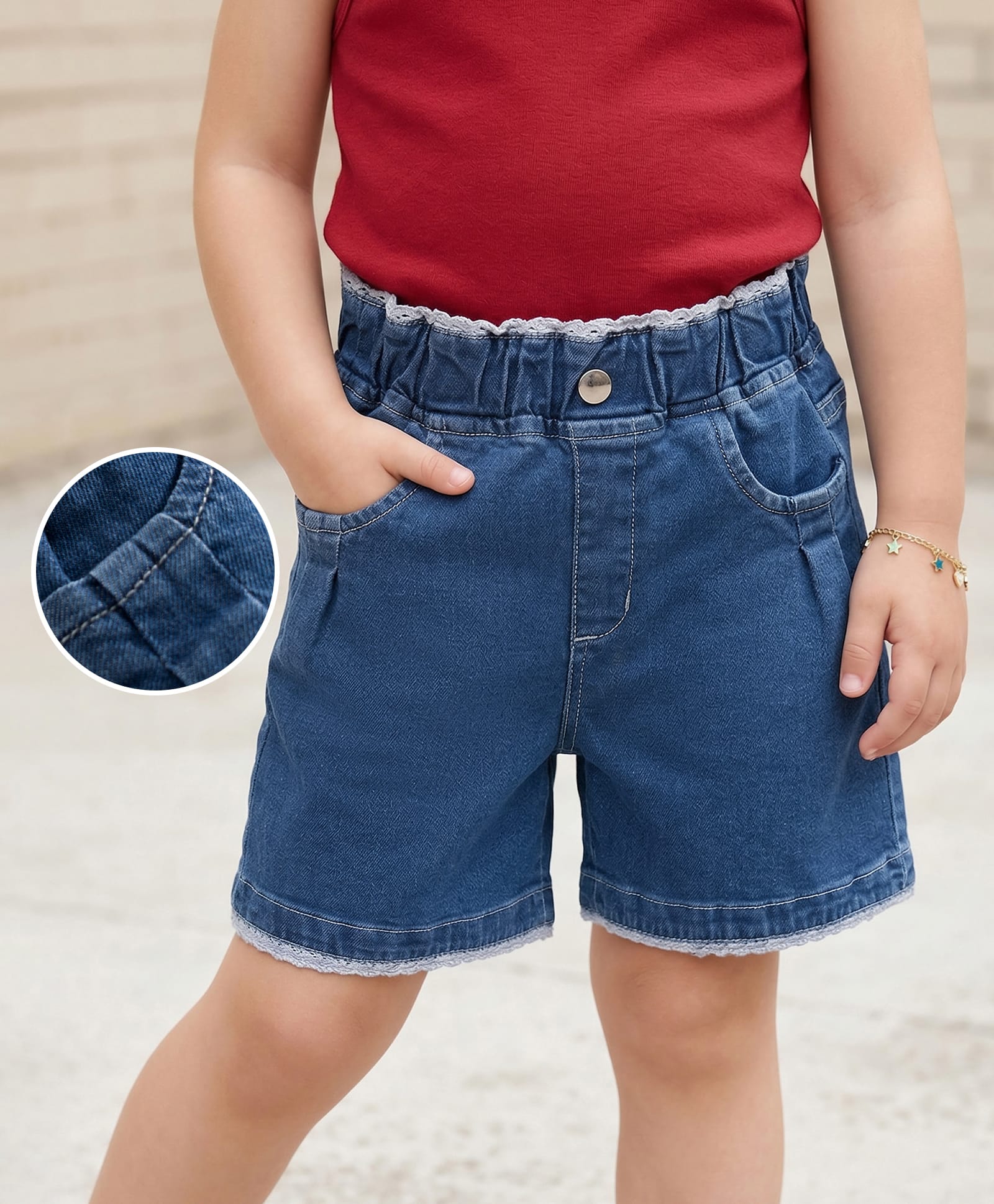Mark & Mia Cotton Lycra Denim Shorts with Embroidery & Lace Detailing - Blue-picture-10