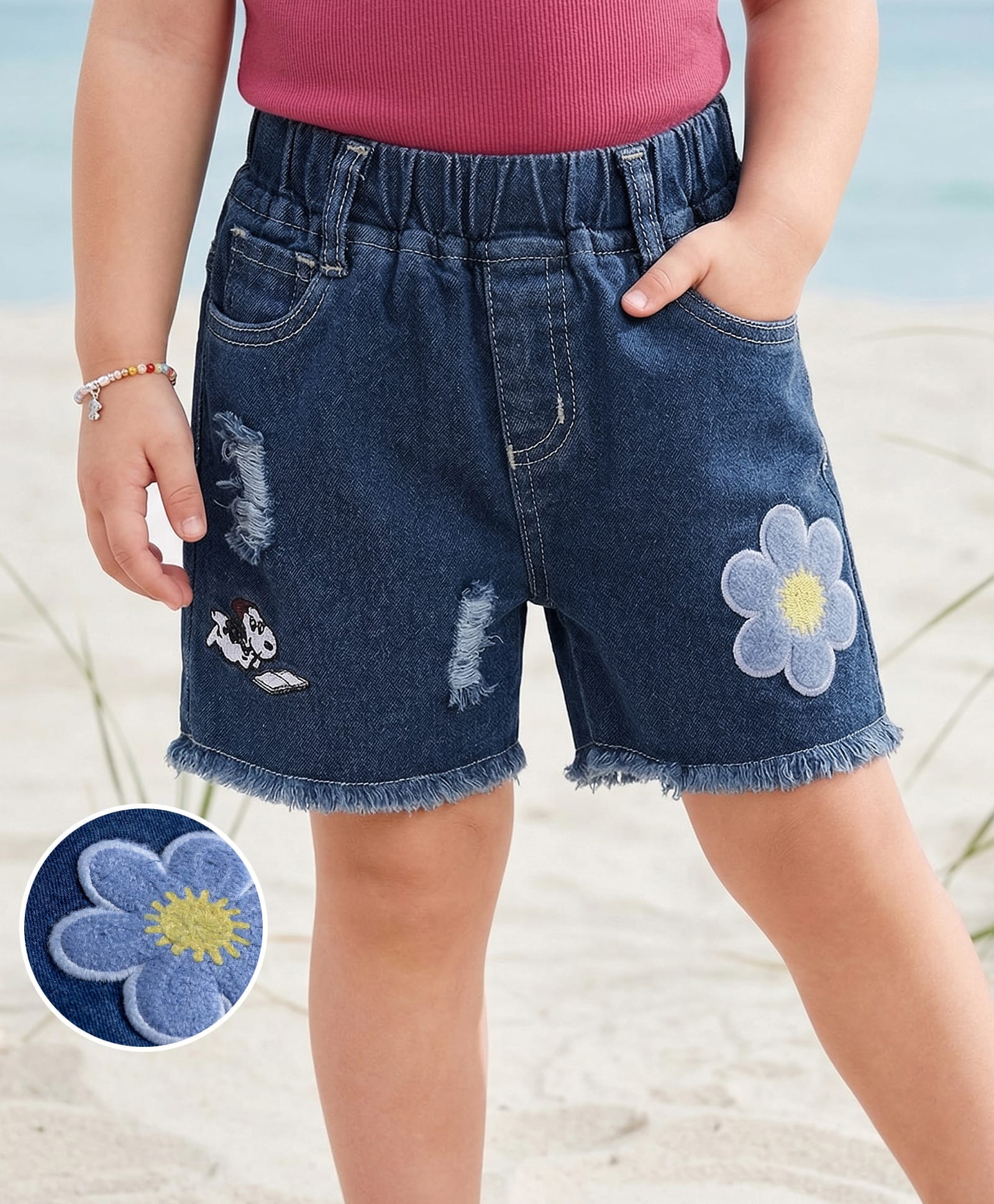 Mark & Mia Cotton Lycra Knit Knee Length Distressed Denim Shorts with Embroidery & Flower Badge Detailing - Blue-image-27