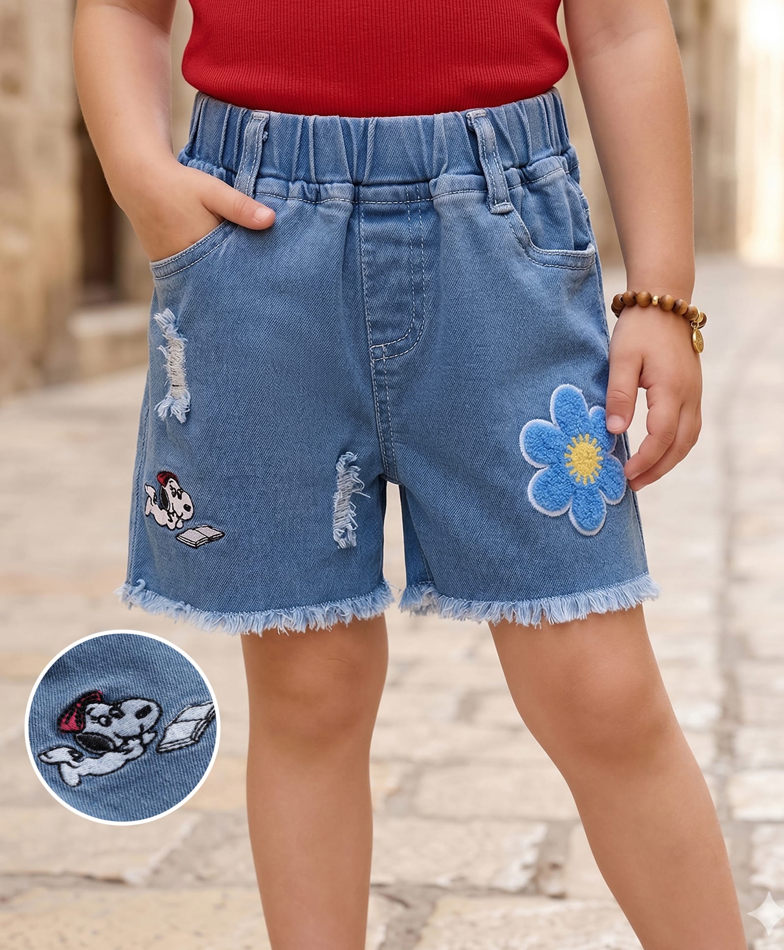 Mark & Mia Cotton Lycra Denim Shorts with Puppy Embroidery & Floral Badge - Blue-picture-30