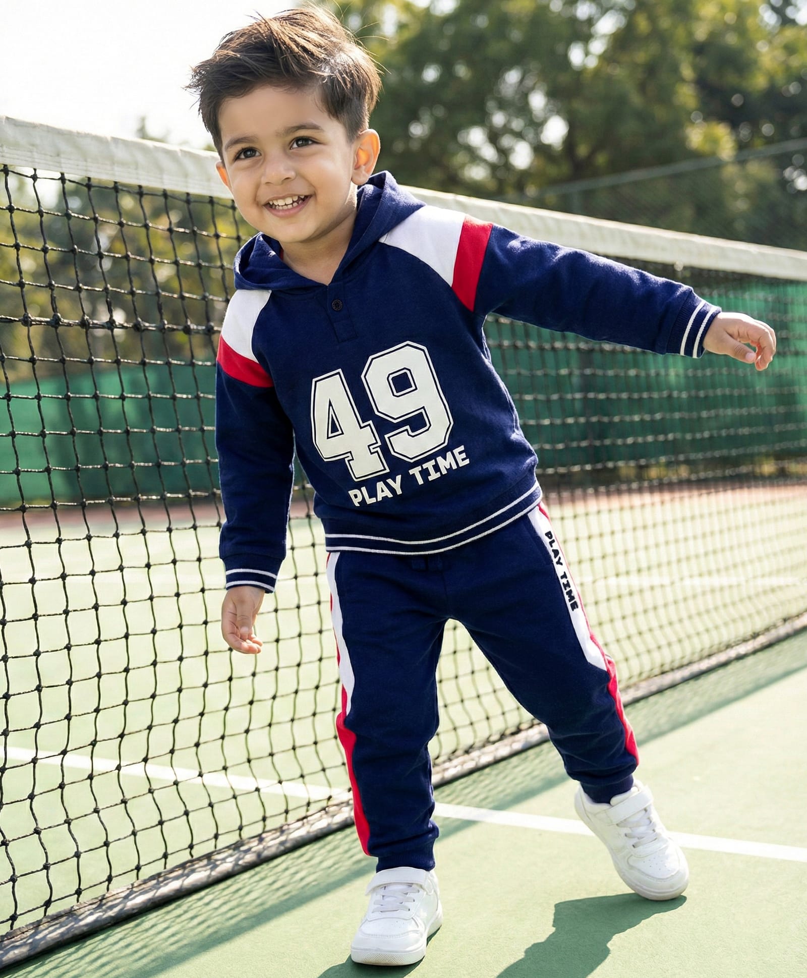 Babyhug Terry Knit Full Raglan Sleeves Hooded T-Shirt & Lounge Pant Set With Number Print - Navy Blue-picture-27