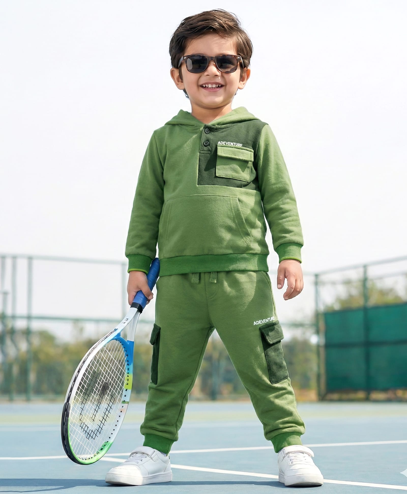 Babyhug Terry Knit Full Sleeves Hooded Sweatshirt & Lounge Pant Set With Adventure Print - Green-image-35