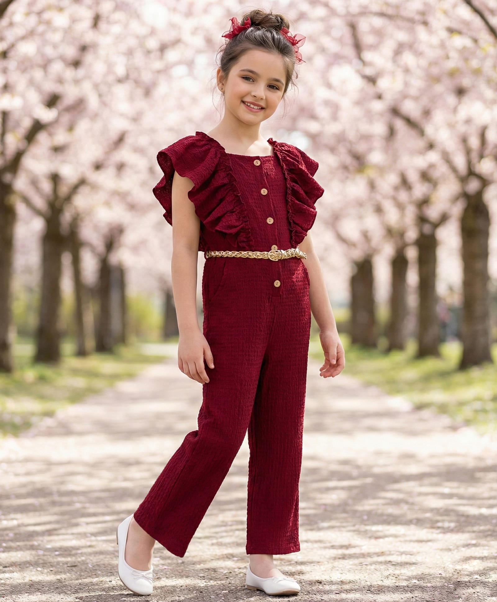 Arias Knit Frill Sleeves Solid Color Jumpsuit with Belt - Maroon