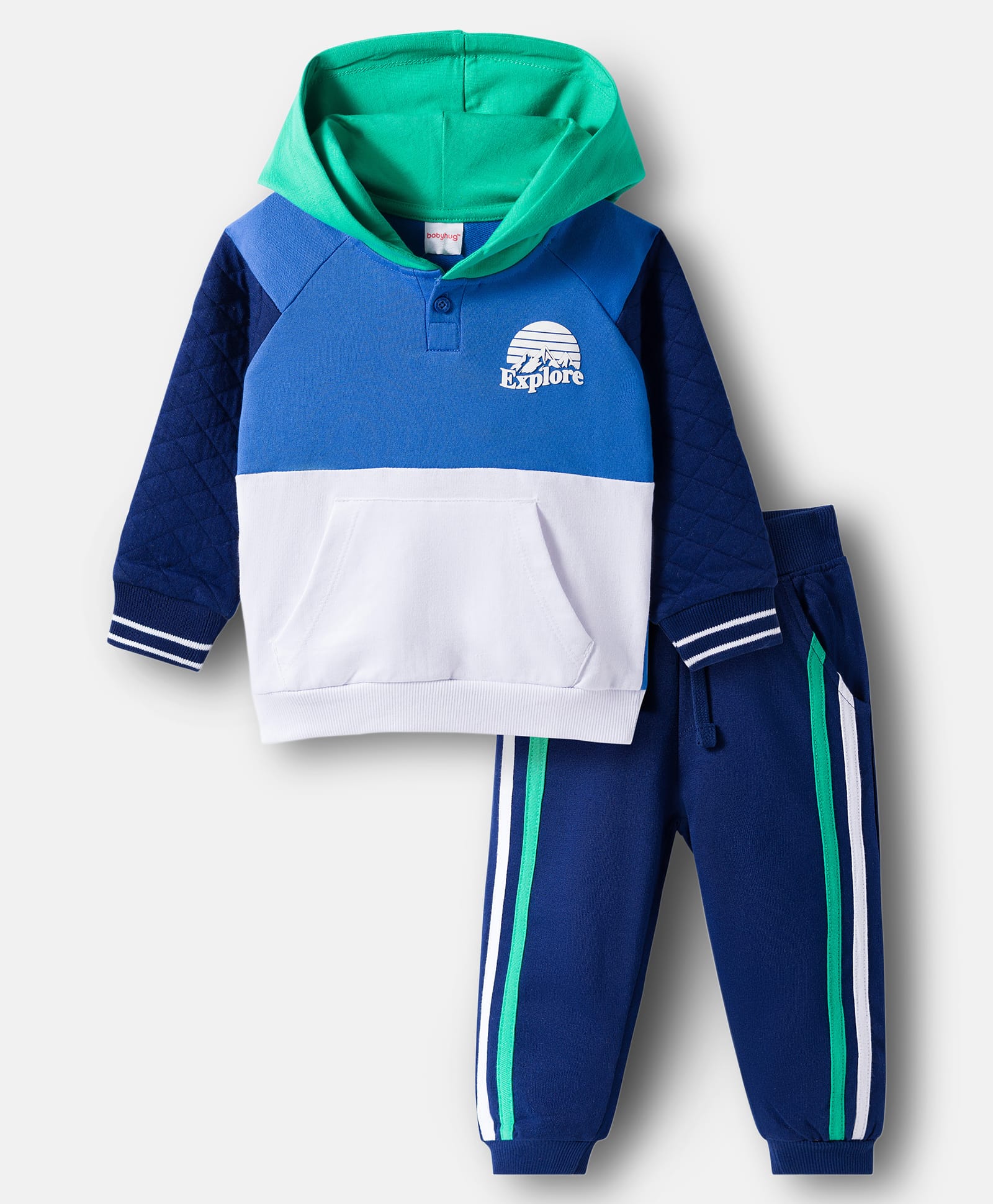 Babyhug Terry Knit Full Raglan Sleeves Cut & Sew Hooded T-Shirt & Lounge Pant Set with Explorer Print - Multicolor-image-5