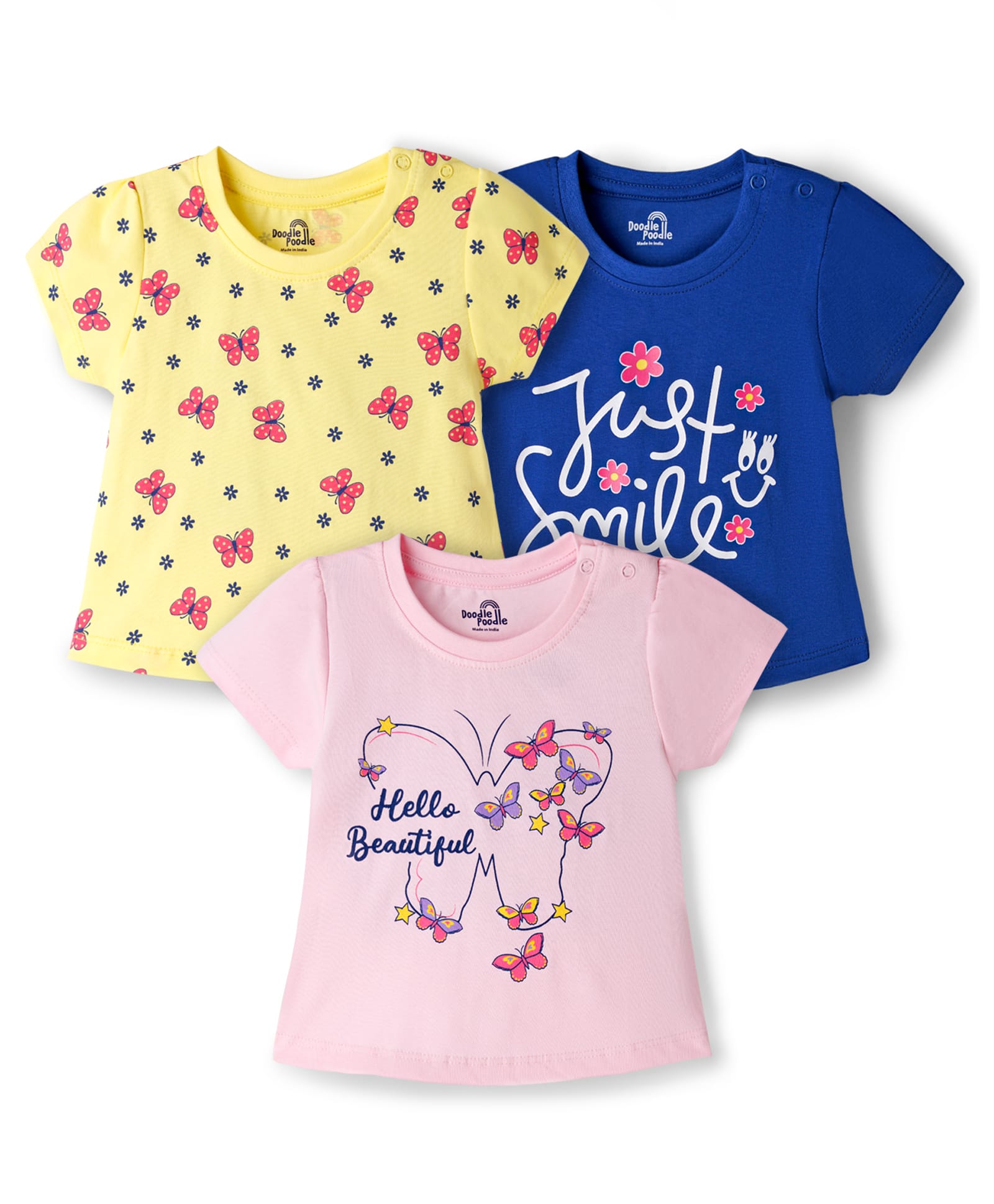 Doodle Poodle 100% Cotton Knit Half Sleeves T-Shirts With Floral & Butterfly Print Pack of 3 - Yellow Pink & Navy Blue-image-13