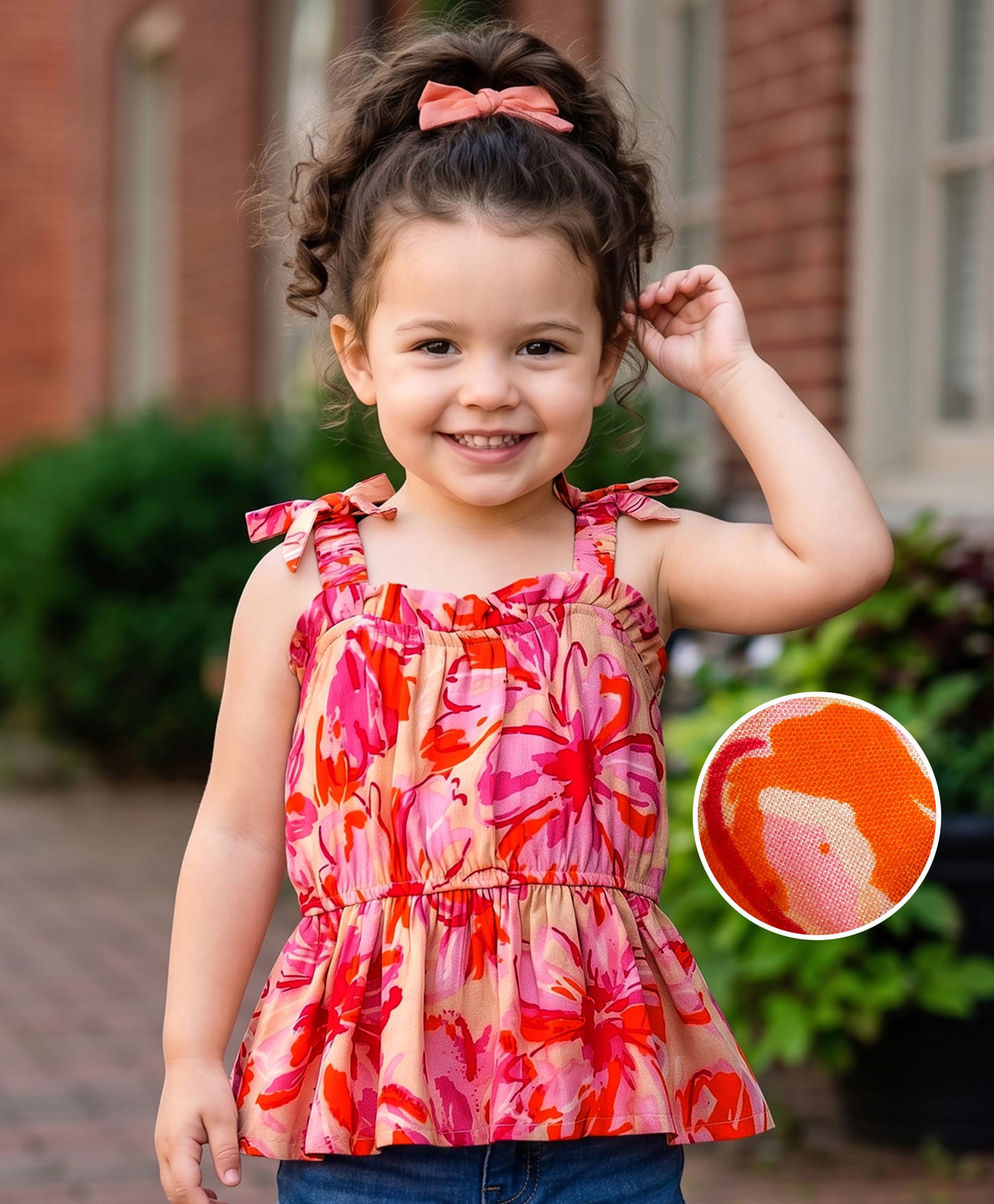 kookie kids india Kookie Kids Viscose Woven Sleeveless Floral Printed Peplum Top - Pink & Red-picture-27