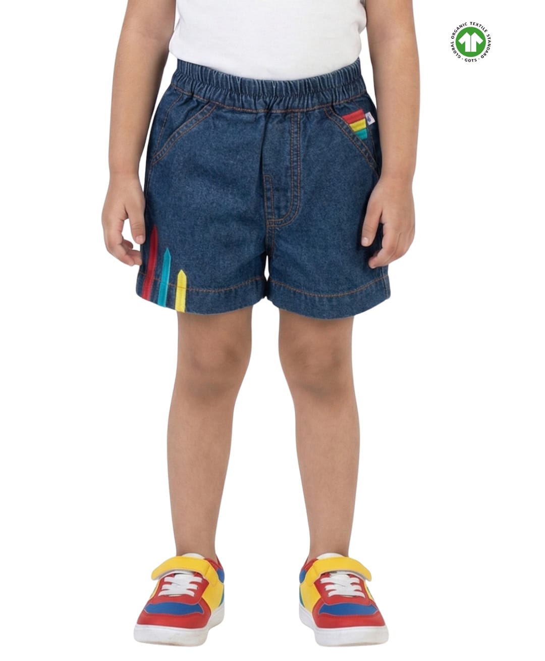 Pranava Organic Cotton Denim Stripes Embroidered Shorts - Blue-image-11
