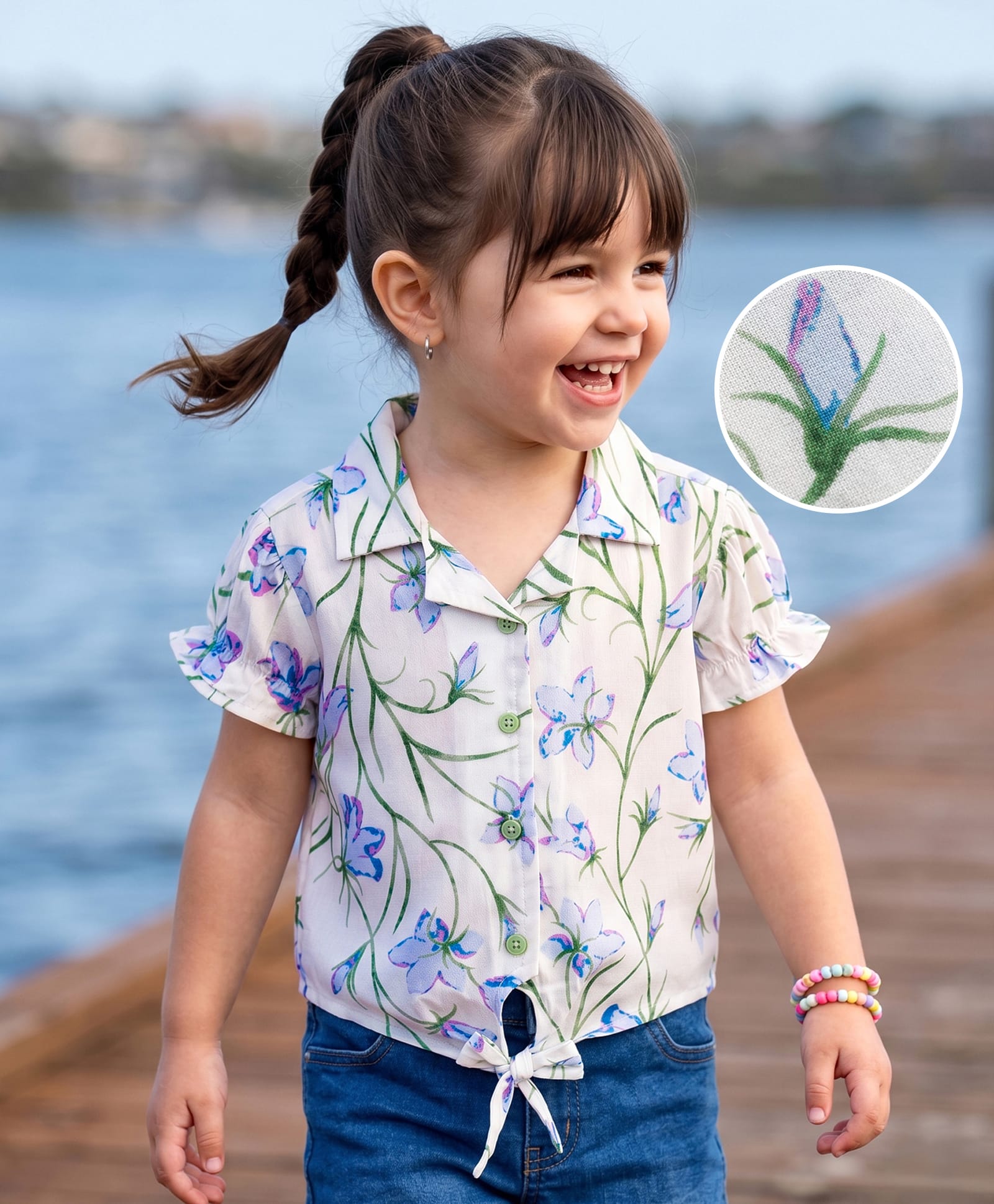 Kookie Kids Viscose Woven Half Sleeves Floral Printed Top with Knot - White & Blue-image-33