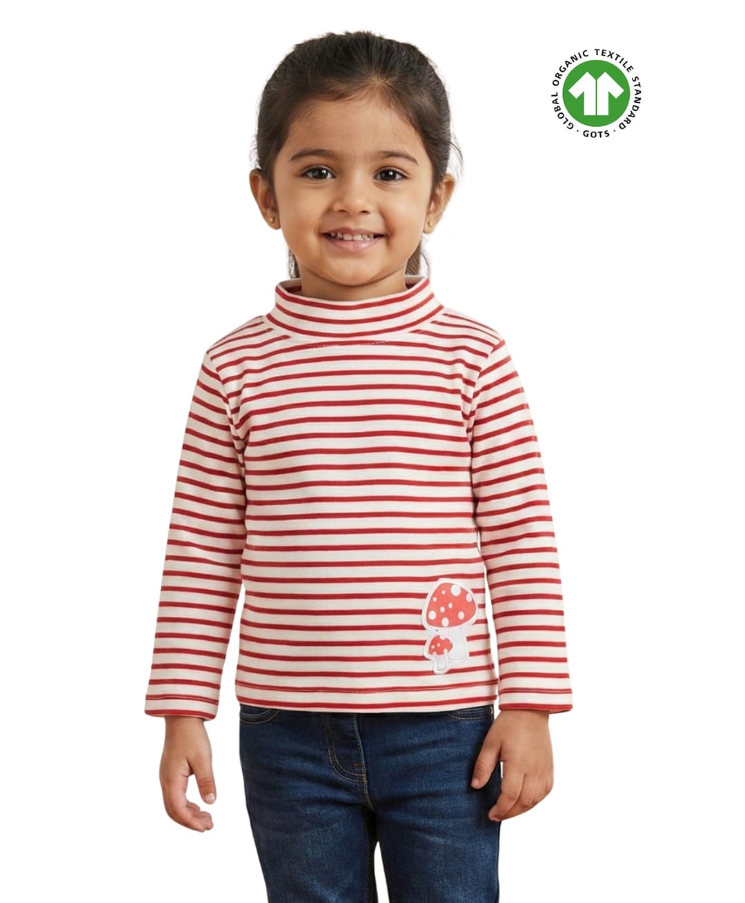 Pranava Organic Cotton Knit Full Sleeves Mushroom Patch Detailed & Striped Top - Red & White-picture-25
