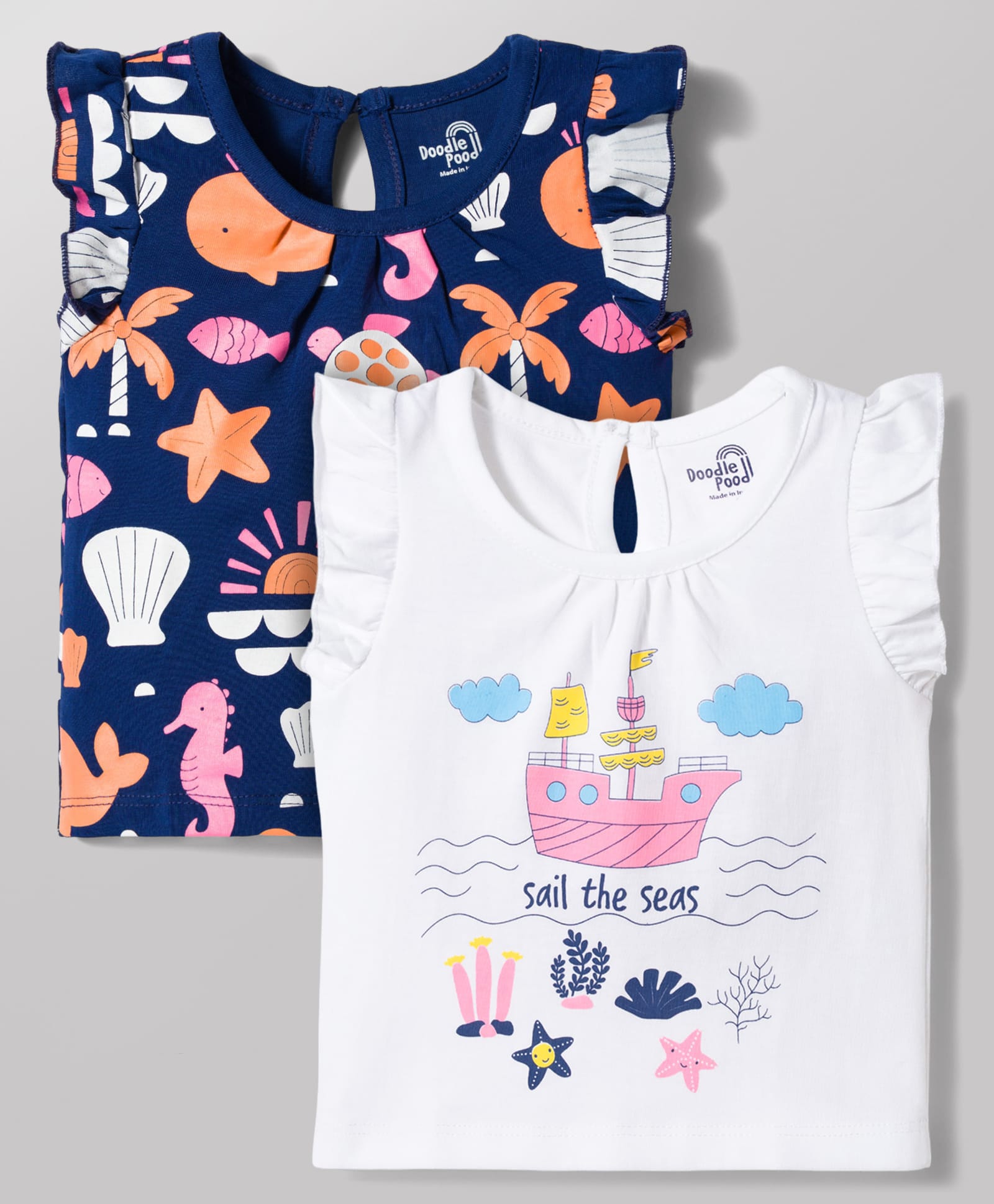 Doodle Poodle 100% Cotton Knit Sleeveless Sea Life & Nautical Theme Printed Tops Pack Of 2 - White & Navy Blue-image-19