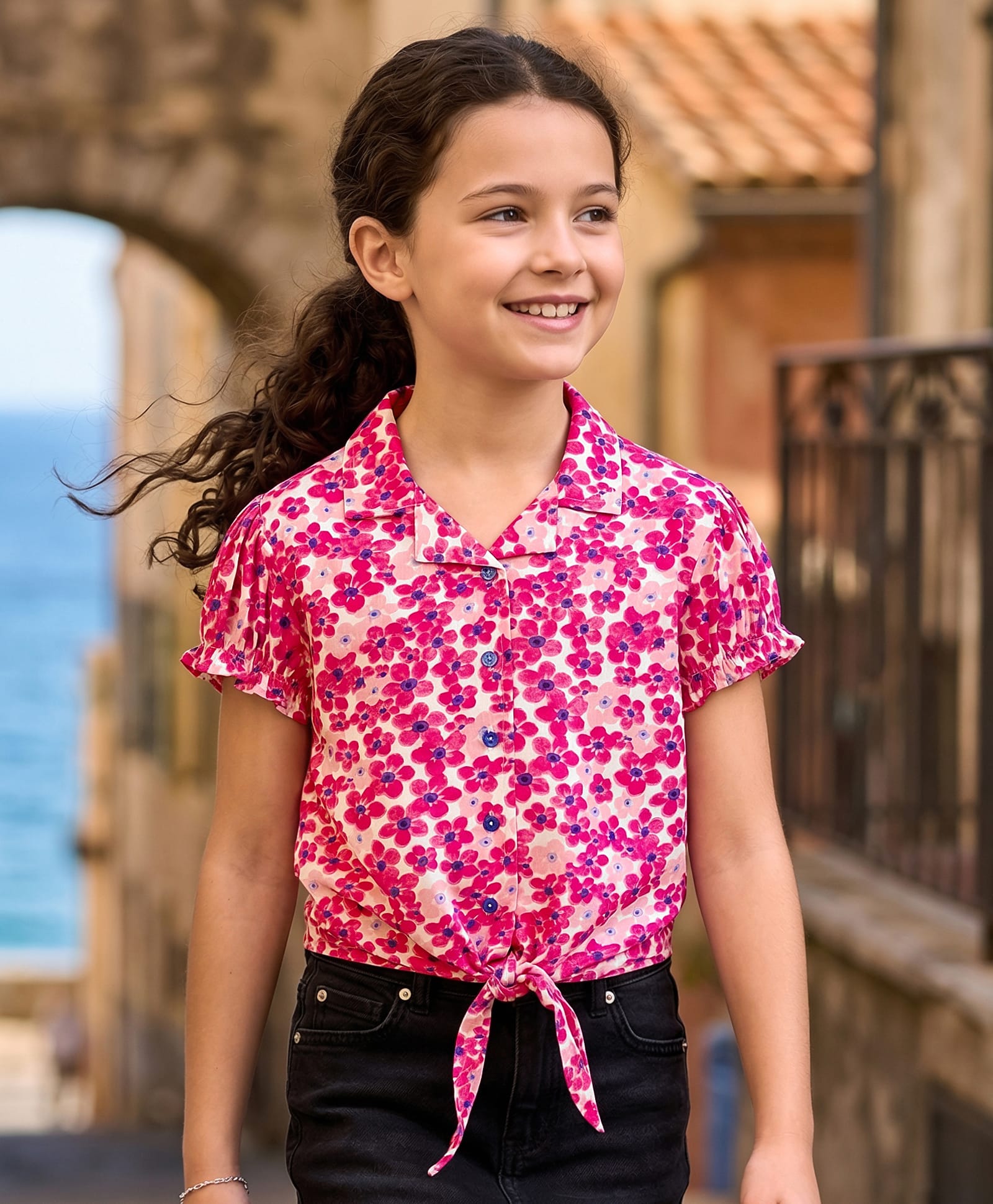 Kookie Kids Viscose Woven Half Sleeves Floral Printed Top - Pink-image-49