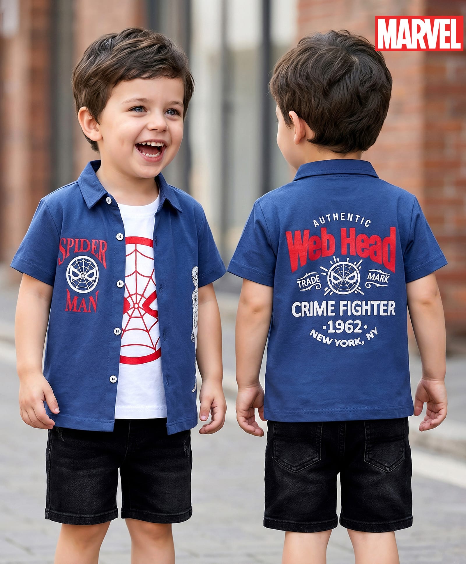 Babyhug Marvel Single Jersey Knit Half Sleeves Spider Man Printed Shirt With T-Shirt - Navy Blue-picture-14